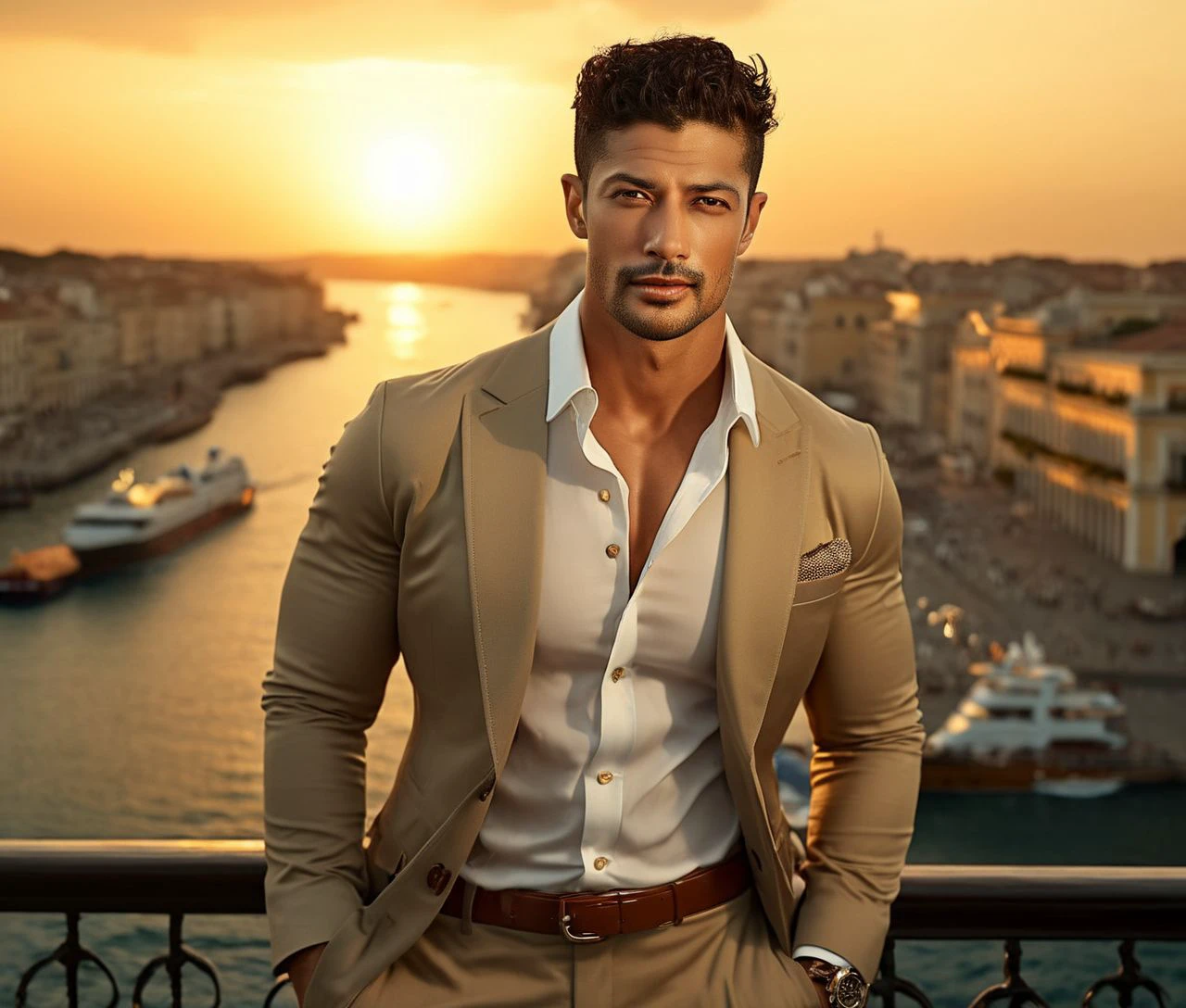 Nautical-themed (Photo:1.3) of (Ultrarealistic:1.3) <lora:Man_Men_FFashion:1> Ace Young a man <lora:muzi-Ace-Young:1> in a tan suit standing on a balcony, sun behind him, inspired by Pablo Munoz Gomez, shot at golden hour, editorial photograph, midshot of a hunky, by Roman Bezpalkiv, by Artur Tarnowski, maxim sukharev, by Gabor Szikszai,Highly Detailed,(Mono Color:1.3) . Sea, ocean, ships, maritime, beach, marine life, highly detailed