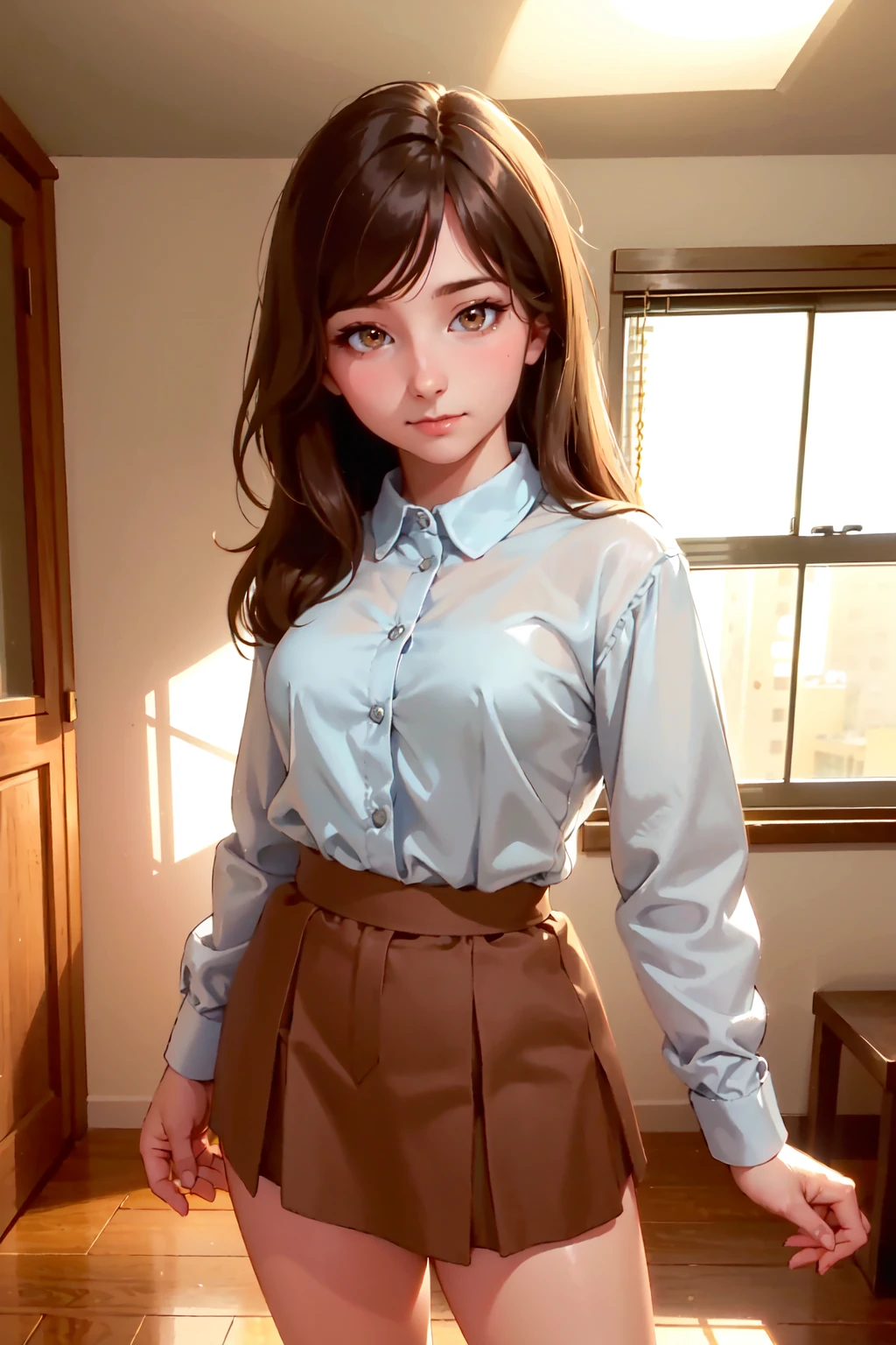 a (portrait, upper body focus) photograph of (1girl, 21 years old, slight smile),  <lora:ZH_AftynR_v1:1>, zh_aftynrn0rmal, solo, realistic, brown hair, brown eyes, looking at viewer,  wearing (shirt, skirt)