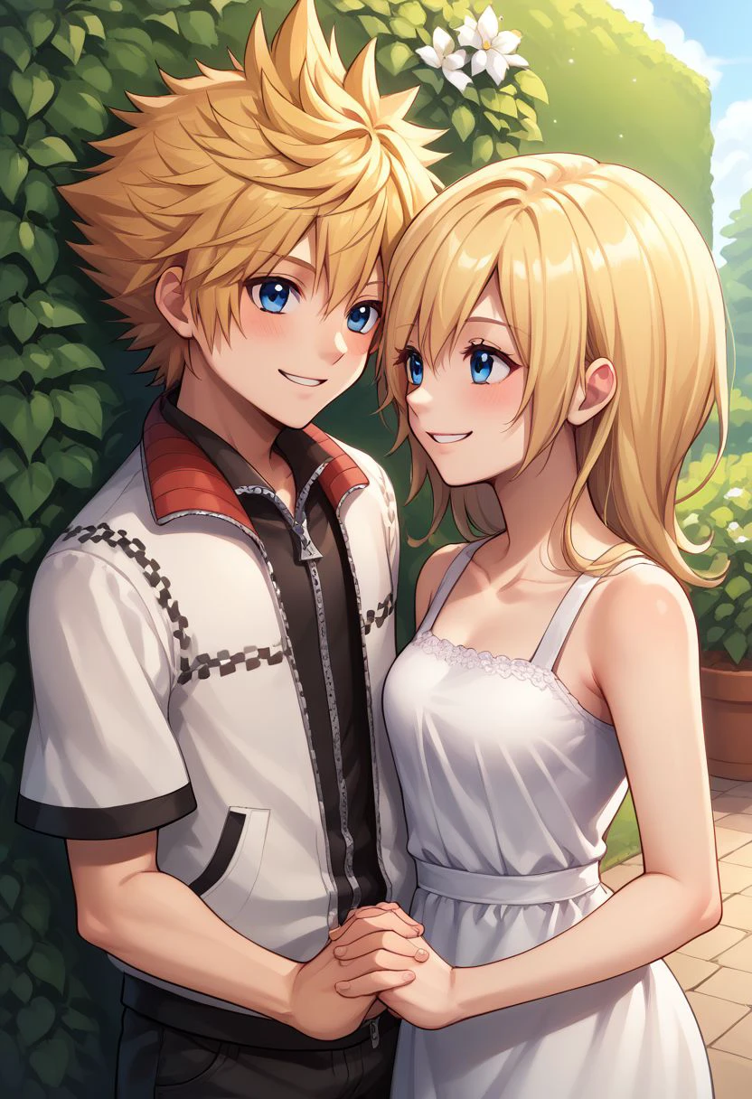 score_9, score_8_up, source_anime, highly detailed, 1girl, 1boy,
namine, 1girl, solo, blonde hair, blue eyes, dress, smile, upper body, sundress, BREAK
roxas, roxas, 1boy, zipper, spiked hair, blue eyes, jewelry, smile, blonde hair, pants, short sleeves,
outdoor, garden, holding hands, blush, date