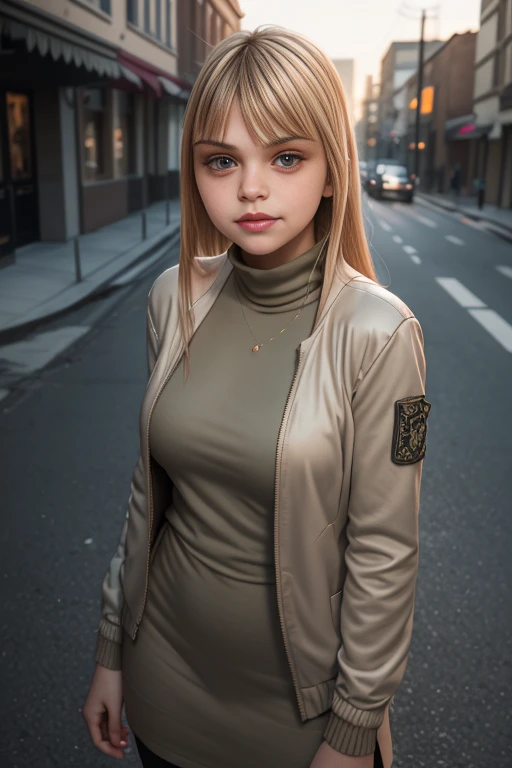 ju1i3t4y10r, pink turtleneck dress, green military jacket, sfw, blonde two-tone hair, bangs, brown eyes, long hair, freckles, looking at viewer, looking at viewer, smile, open jacket, outdoors, sky, day, neighborhood, sidewalk, lawn, street, <lora:Julie_Taylor_PMv1b_Lora:1.3>,, ((Medium-Shot)), glow effects, godrays, Hand drawn, render, 8k, octane render, cinema 4d, blender, dark, atmospheric 4k ultra detailed, cinematic, Sharp focus, big depth of field, Masterpiece, colors, 3d octane render, 4k, Concept art ð, trending on artstation, hyperrealistic, Vivid colors, extremely detailed CG unity 8k wallpaper, trending on CGSociety, Intricate, High Detail, dramatic