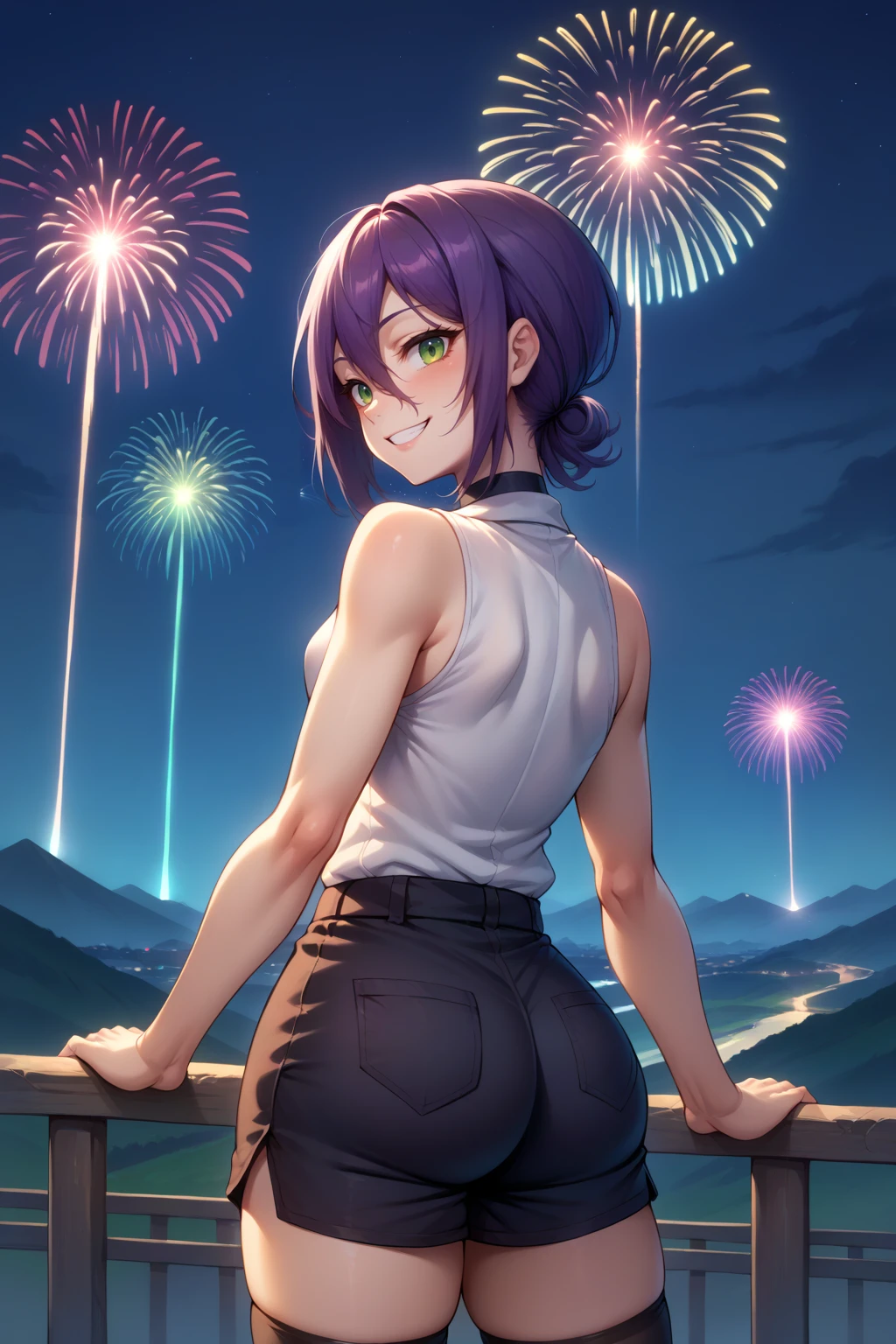 score_9, score_8_up, score_7_up, source_anime, from behind, cowboy shot, looking at viewer, smile, csmrz, small breasts, medium hair, purple hair, green eyes, hair bun, black choker, white shirt, sleeveless, black neck ribbon, black shorts, black thighhighs, outdoors, night, fireworks, skyline, <lora:Hoseki_ChainsawMan_Reze_PDXL_v1:1>