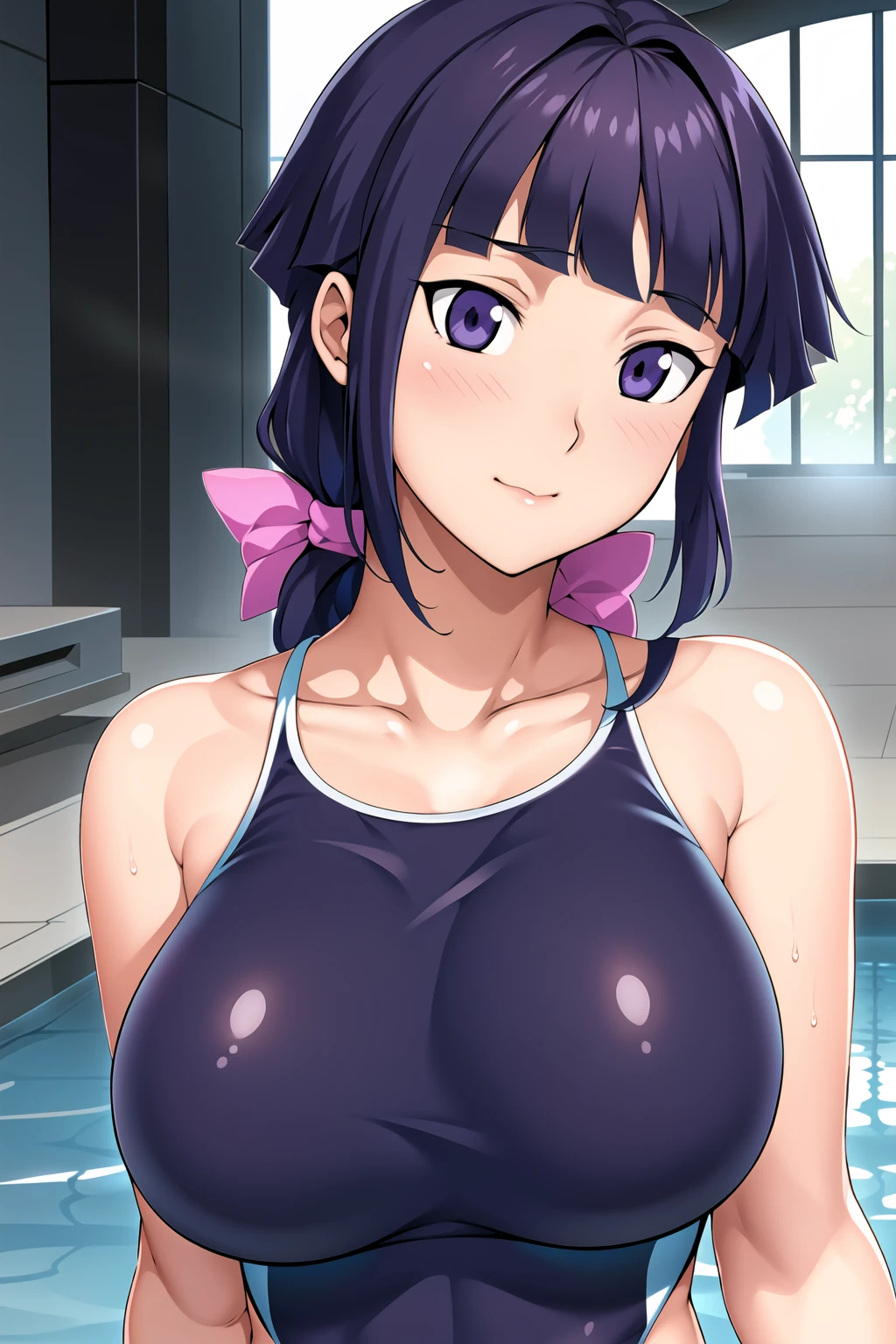 1 girl，school pool，purple hair，ponytail，full nude，light pink nipples，Large drooping breasts、