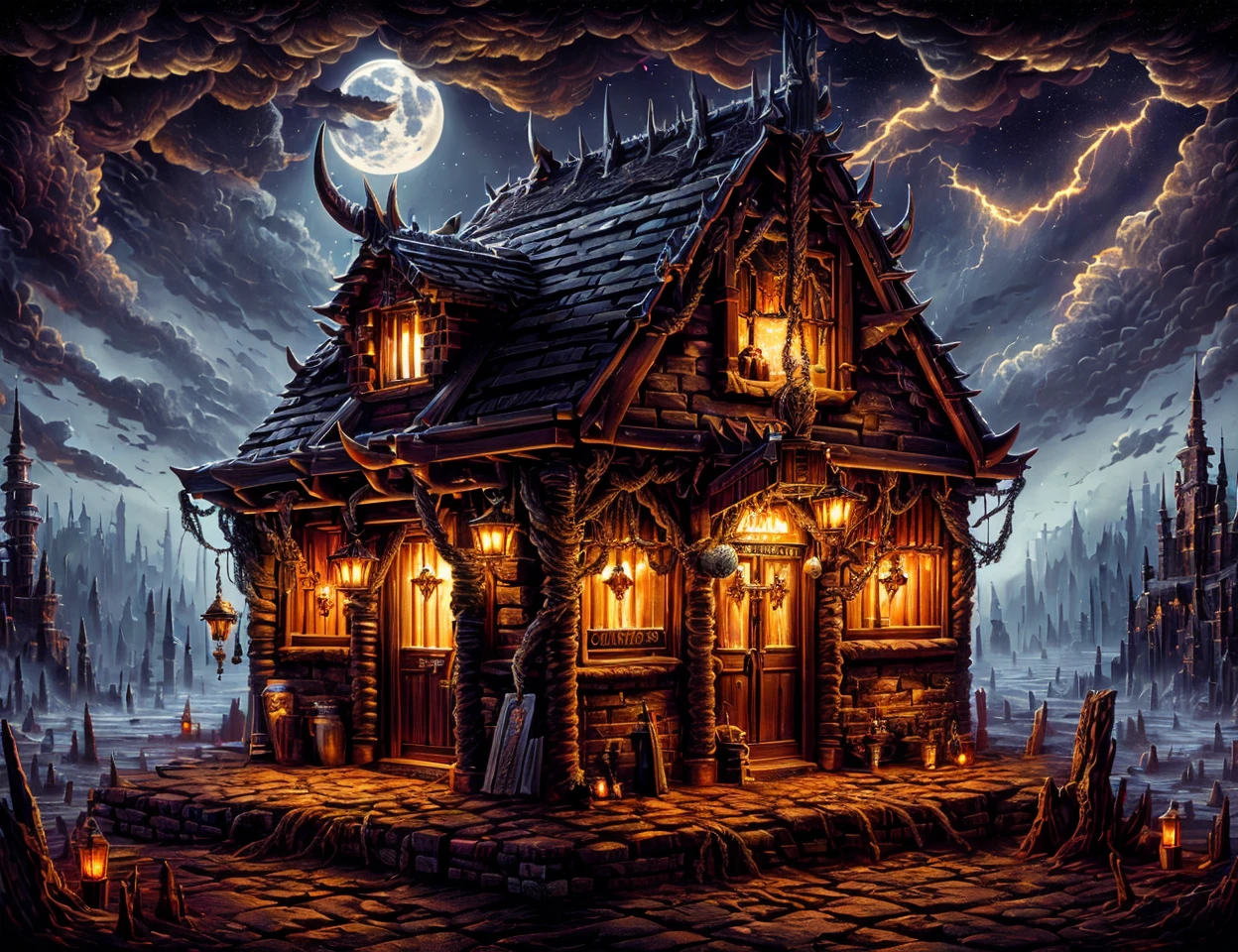 masterpiece illustration, detailed,DonMD347hM374l celestial moonlight tavern, brick,pumice stone,insulated concrete forms, twilight, rope lights <lora:DonMD347hM374l:0.9>
