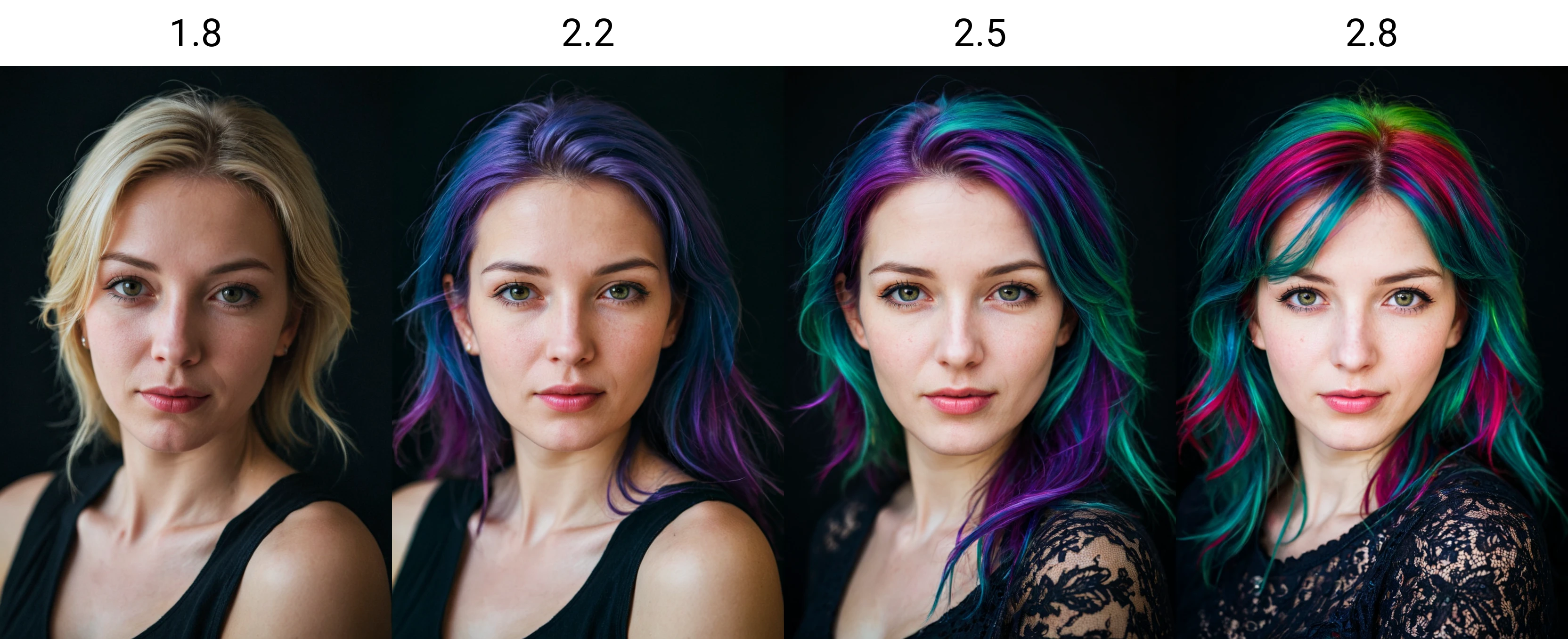<lora:Colorful Hair Slider_alpha1.0_rank4_noxattn_250steps:1.8>, portrait, woman,