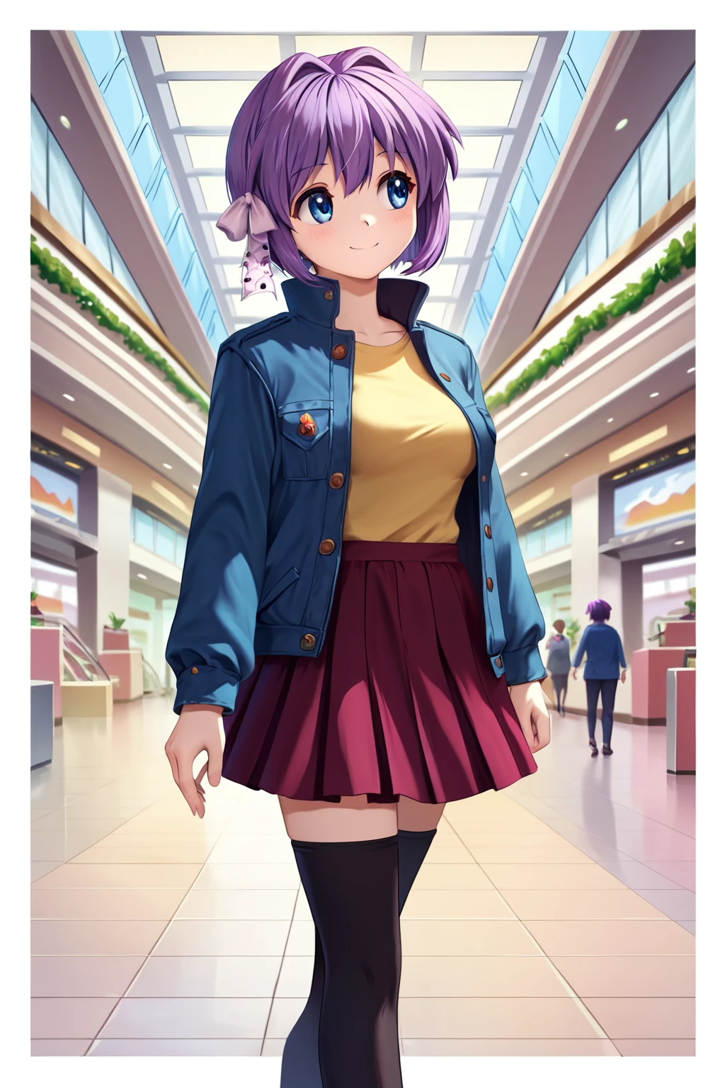 zPDXL2, rating_safe, source_anime, 1girl, 4k quality, detailed background, detailed eyes, mall, walking, (looking away:1.2), smile, (from side view), low-waist skirt, <lora:fujibayashi-ryou-xl-02:1.1>, fujibayashi ryou, medium breasts, purple hair, blue_eyes, white_hair_ribbon, yellow sweatshirt, blue jacket, open jacket, red skirt, black stockings,