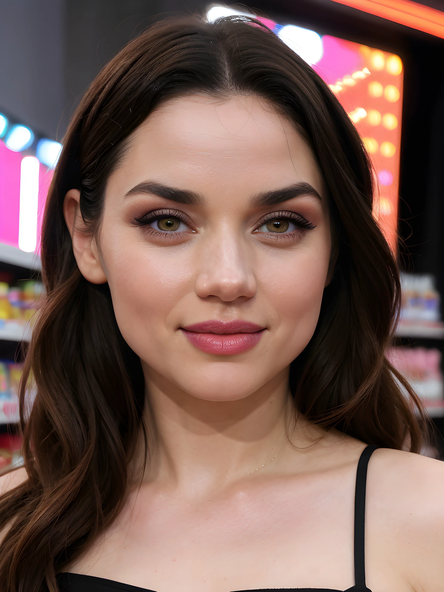 close-up photo of 4n4D34rm4s_V1-Emb , makeup, mascara, eyeshadow, in the middle of a candystore, 8k uhd, high quality, dramatic, dramatic lighting, realistic , lifelike texture