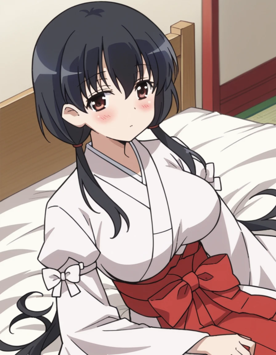 score_9, score_8_up, score_7_up, source_anime,
komakijindai, <lora:komaki-jindai-s2-ponyxl-lora-nochekaiser:1>,
komaki jindai, long hair, black hair, twintails, brown eyes, low twintails, hair between eyes, large breasts,
skirt, long sleeves, japanese clothes, wide sleeves, kimono, hakama, hakama skirt, white kimono, miko, red hakama,
indoors, bed, bed room, on side, blush, drunk,
cowboy shot, looking at viewer, solo, dutch angle,