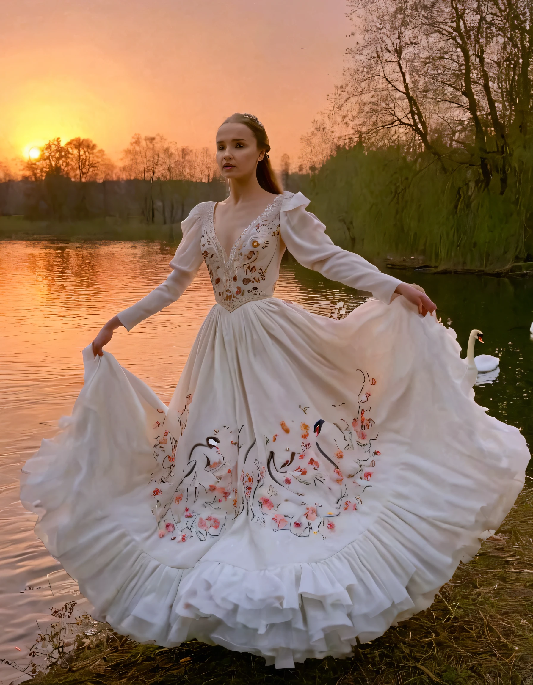 Anyuta, dressed elegantly in a late-afternoon sunset, took center stage near a tranquil lake, her graceful movements perfectly synchronized with the gentle ripples below as swans glided by; adorned in an exquisite gown featuring delicate floral embroidery and soft ruffles, she gazed intently into the distance, captivating viewers with her captivating eyes that exuded a profound emotional resonance, immortalizing this moment of beauty and connection with nature as swans soared above, symbolizing hope and love amidst life's darkest moments. anyutkinaa <lora:imnivu18fa56ff1d1raa5:1>