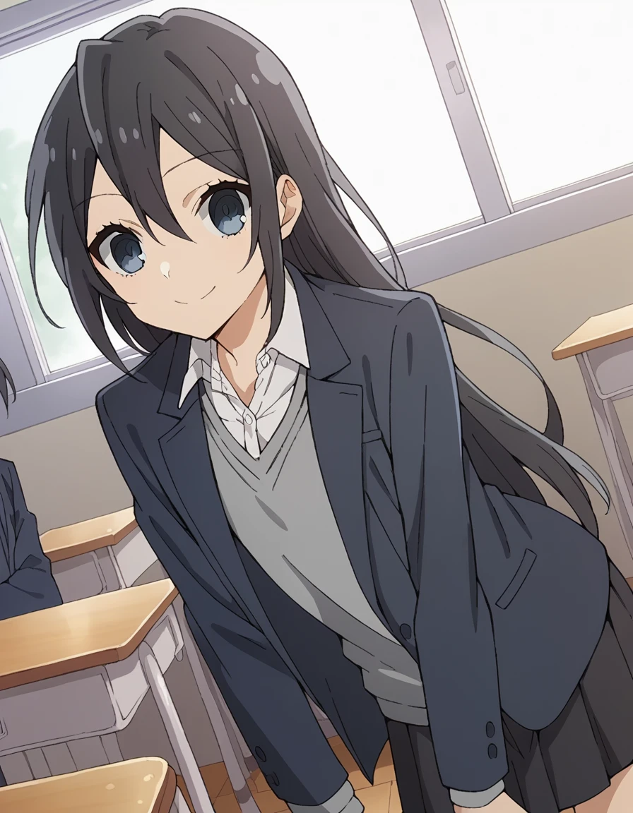 score_9, score_8_up, score_7_up, source_anime,
honokasawada, <lora:honoka-sawada-s2-ponyxl-lora-nochekaiser:1>,
honoka sawada, long hair, blue eyes, black hair, hair between eyes,
shirt, school uniform, jacket, collared shirt, blazer, sweater, grey sweater, white shirt, black blazer, skirt, black skirt,
indoors, classroom, smile, bent over,
cowboy shot, looking at viewer, solo, dutch angle,