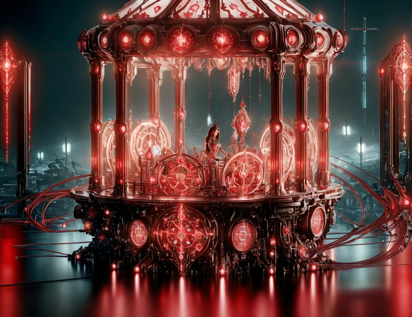 masterpiece, awesome quality, cinematic lighting, detailed, DonMT3chC057ruc7s princess, grim, chocolate covered pretzels, blood-red lighting, , scifi, tech, futuristic <lora:DonMT3chC057ruc7s:1>