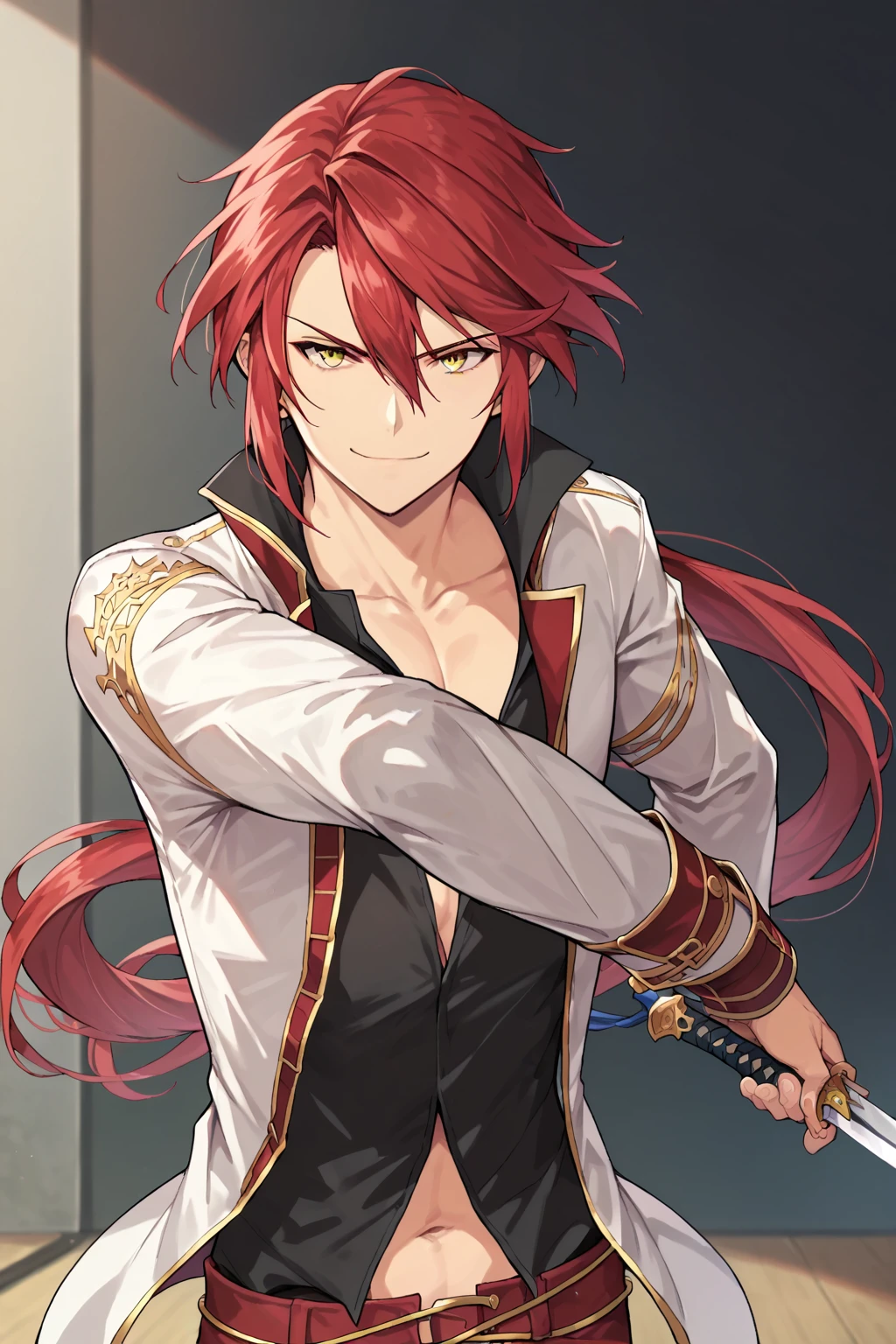 score_9, score_8_up, score_7_up, aaron wei, 1boy, solo, red hair, hair between eyes, ponytail, yellow eyes, white short jacket, black long shirt, red pants, cleavage, navel, smug, looking at viewer, far shot, theatre, dancing, dual wielding