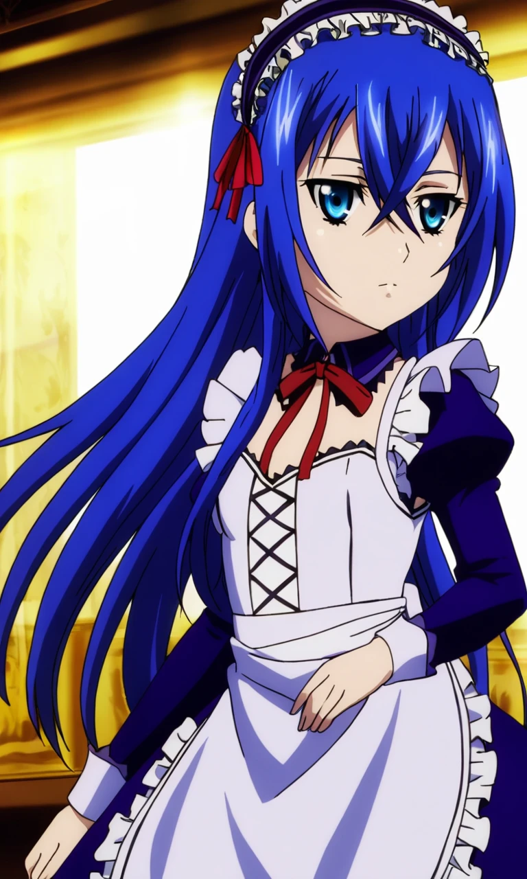 astarte\(strike the blood\),1girl,blue eyes,blue hair,straight hair,hair between eyes,long hair,small breasts,flat chested,maid dress,red ribbon, astarte\(strike the blood\),1girl,blue eyes,blue hair,straight hair,hair between eyes,long hair,small breasts,flat chested,maid dress,red ribbon, generous, heavenly atmosphere, warm light, detailed, intricate, elegant, highly contrasted, sharp focus,,, background, modern cinematic, bright colors, open professional, relaxed