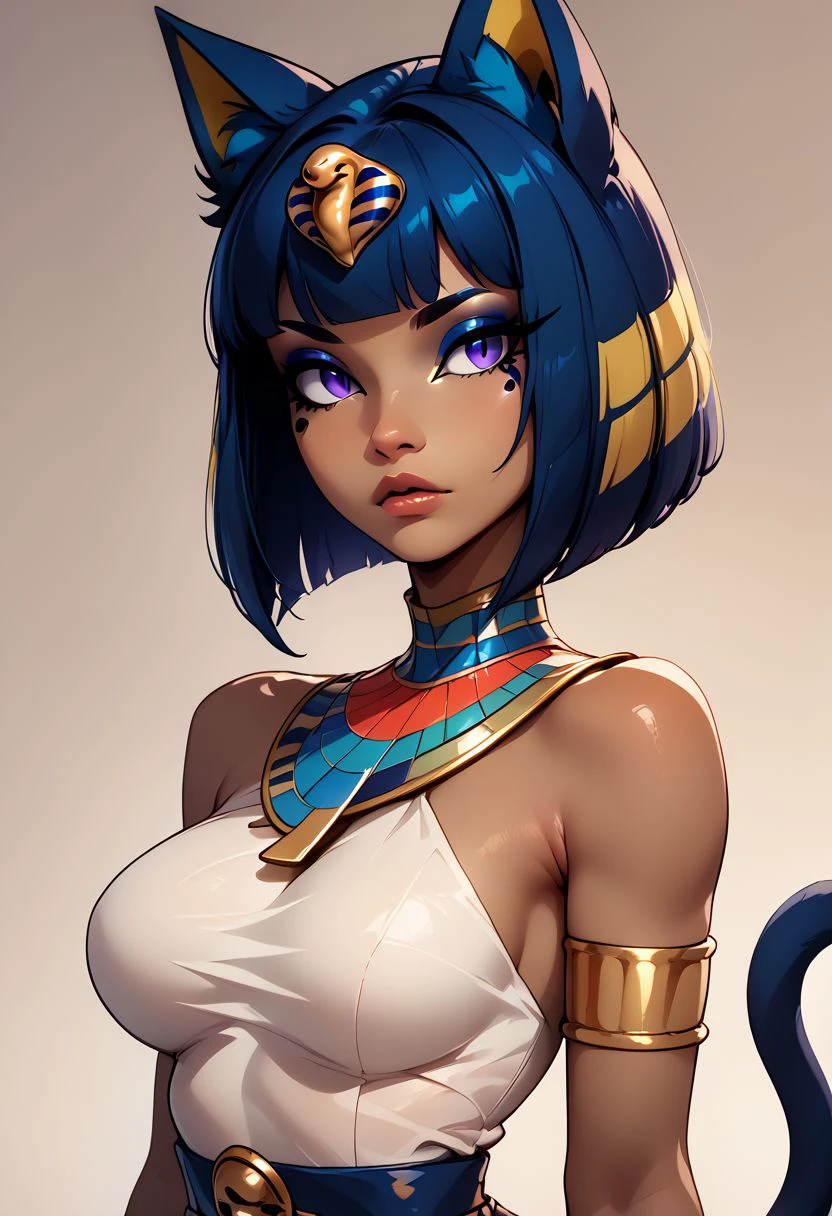 1girl，Artist Name，Egyptian cat，Blue Hair，skin，Keep your mouth shut，Wear，whole body，solo，Standing，Cat&#39;s Tail，