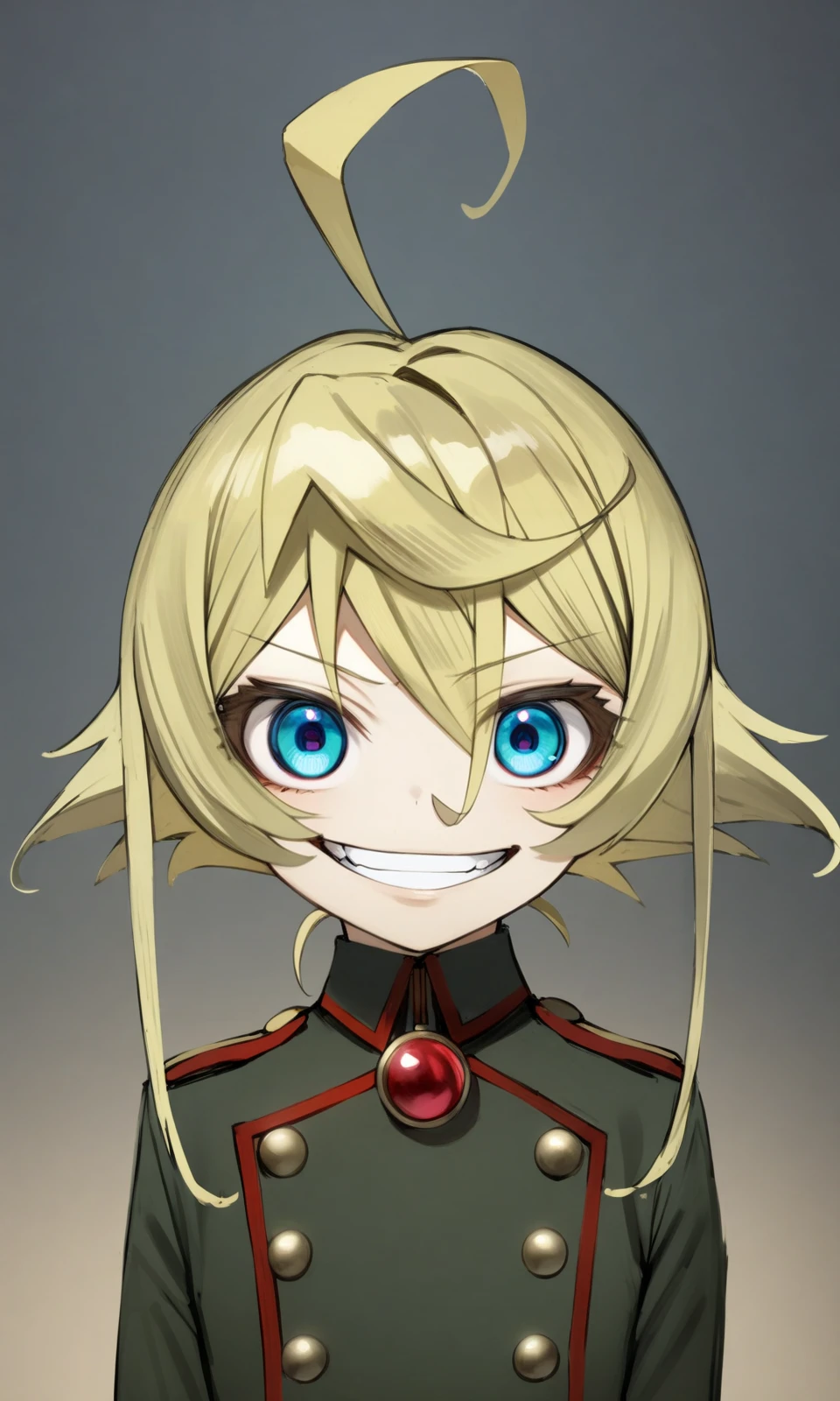 1girl, tanyadegurechaff, blue eyes, blonde hair, pointy hair, ahoge, 
red gem, military uniform, 
standing, looking at viewer, straight-on, crazy smile, portrait, 
masterpiece, best quality, very aesthetic, absurdres, nyatabe, 
<lora:TanyaDegurechaff_XL:1><lora:Nyatabe_XL:1>