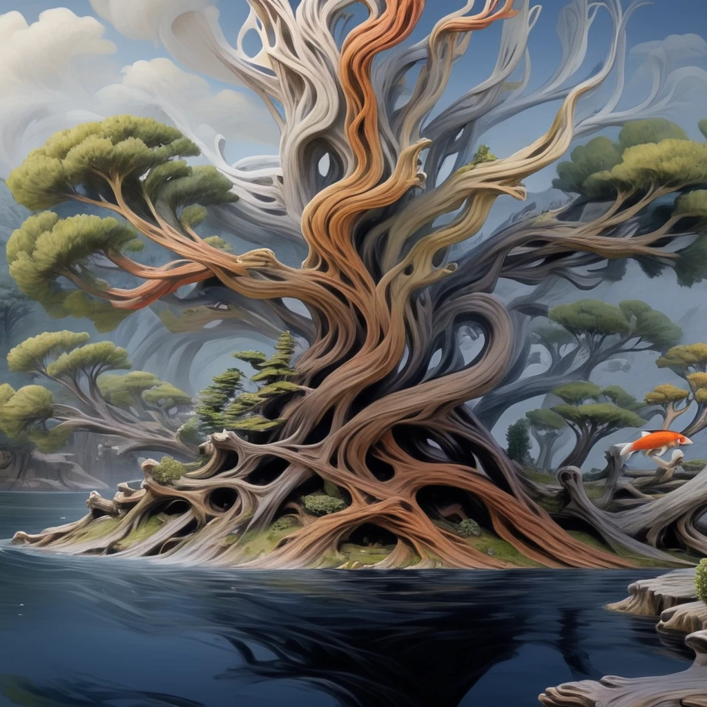 <lora:artfullyTREELUSION_SDXL_V1:1>, arttrlsn, , bonsai of an old juniper tree, beautiful cedar stand outside on the patio for the 100 year old plant, passed down from generation to generation. there is a koi jumping out of the water next to the branches that hold the mushroom tree house up