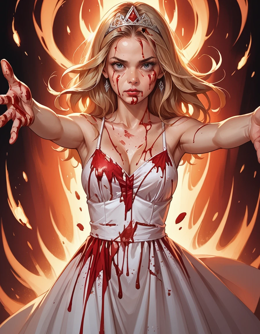 score_9, score_8_up, score_7_up, score_6_up, score_5_up, score_4_up, realistic, blood on face, blood on hair, 1girl, large breasts, solo, upper body, outstretched arms, long blonde hair, hud_c4rrie, dress, spaghetti strap, tiara, long dress, sleeveless, blood, blood on clothes, <lora:carrie:0.6>, flames everywhere, fire, inferno