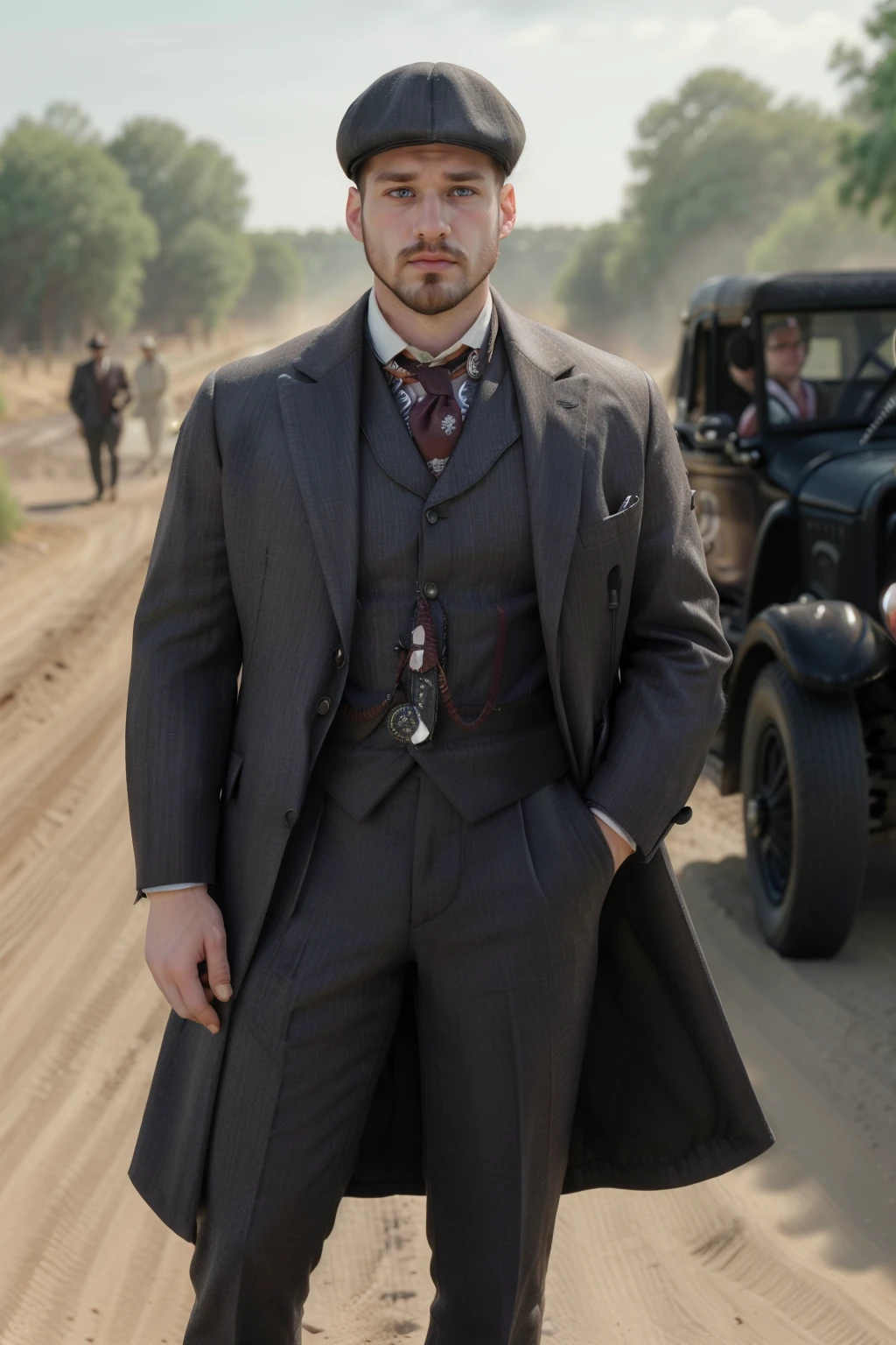 1920s Fashion, professional photo of ((((group) of 30yo poor aggressive men) with beards)) in button shirts, short hair, hats, 4k, 8k, high quality, perfect lighting, detailed face and detailed eyes, skin detail, solo focus, photography raw, (standing ((together)) in a 1920s outside dirt road), perfect lighting, clean smooth skin, (full bodies), looking at camera, detailed eyes, burly faces, <lora:1920s-000002:0.8>, photoshoot, next to eachother, male, manly, crazy