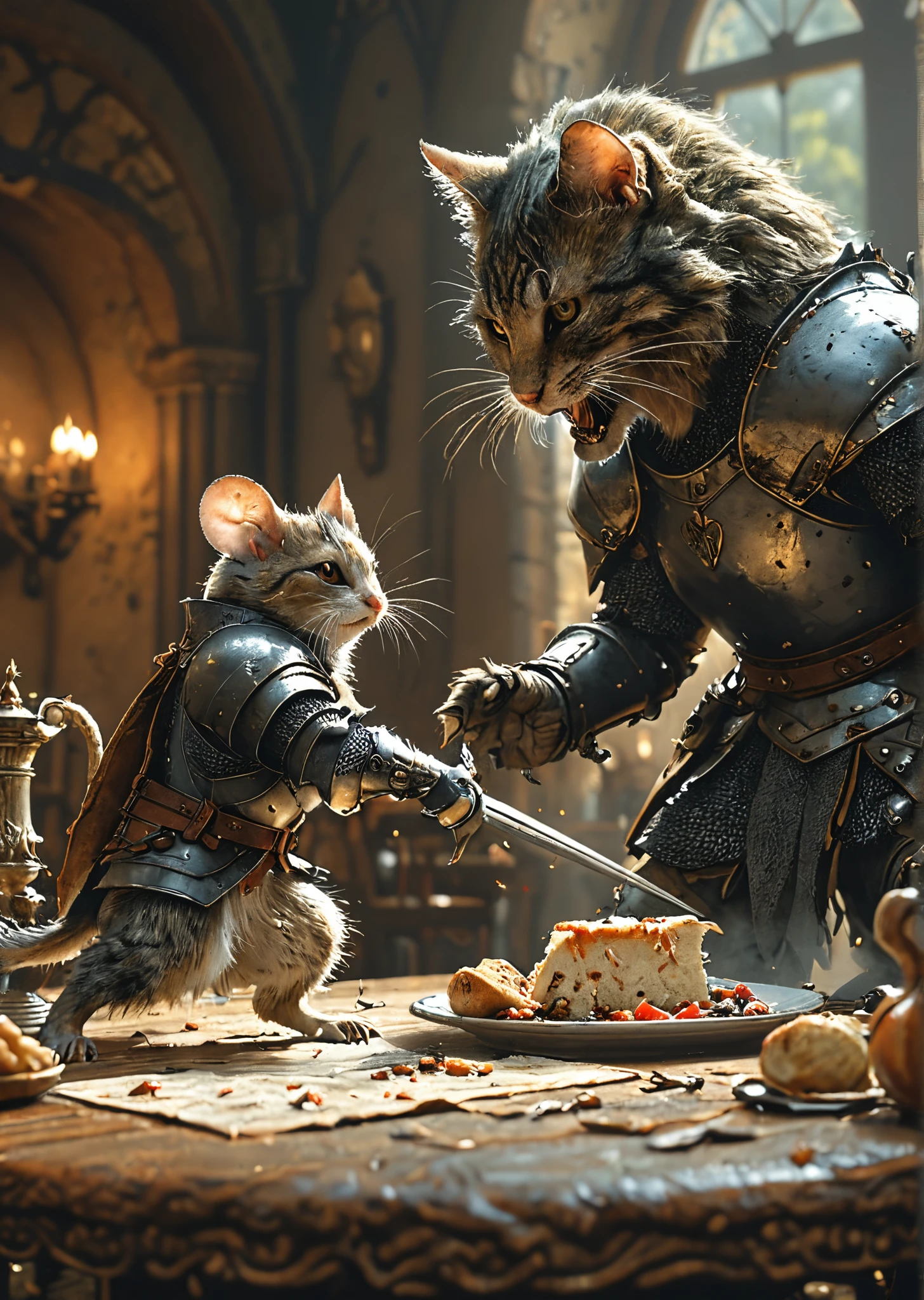 <lora:XL_boss_battle:0.9> an action shot of a mouse knight fighting a giant cat, dining table in background, Bosstyle, , HD, masterpiece, best quality, hyper detailed, ultra detailed, super realistic