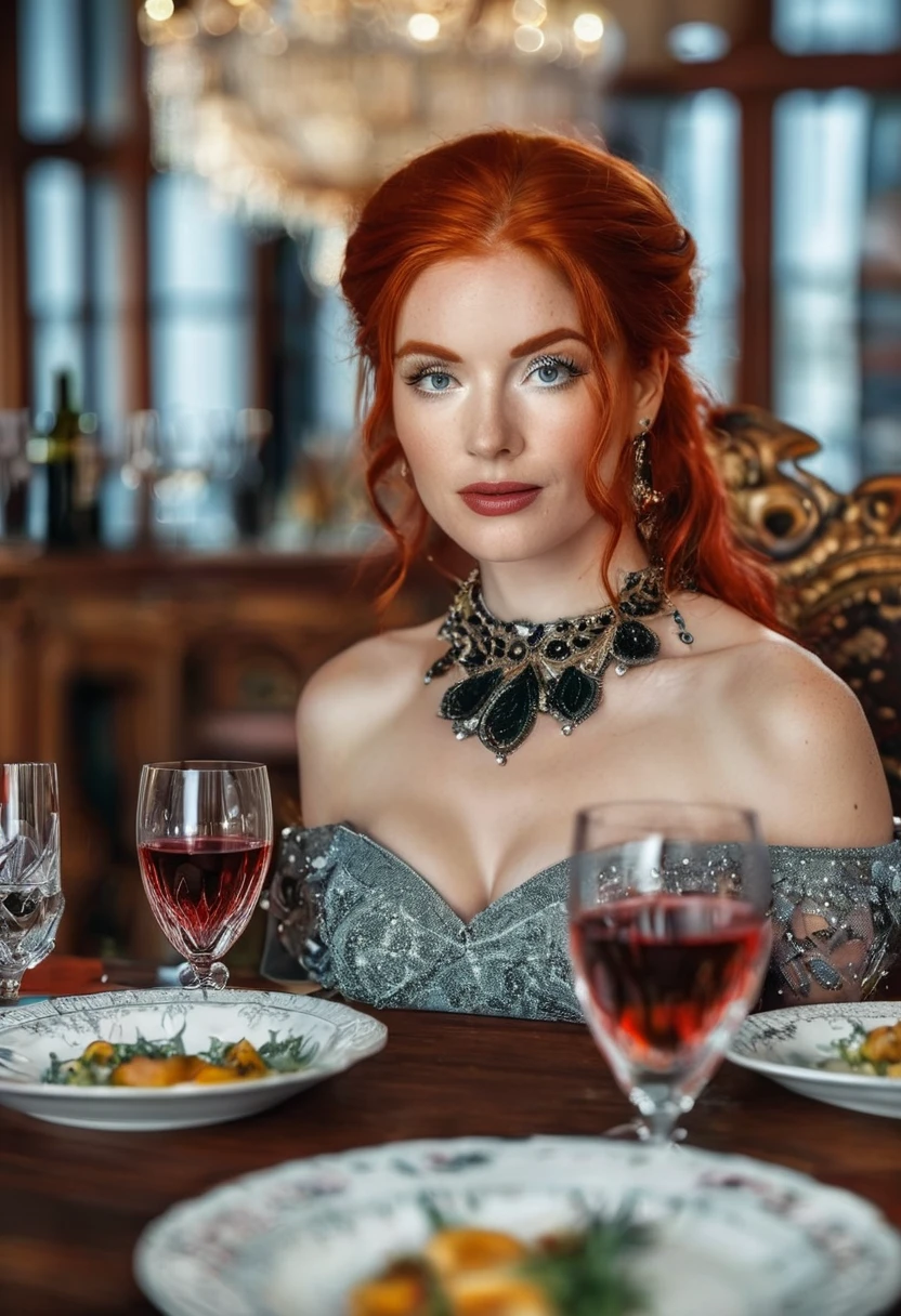 photography, cinematic, full face potrait red haired woman in fancy dress standing , focus face, table with dishes and wine glasses in background
 highly detailed, very realistic  <lora:potrait-woman-chery-step00001200:0.7>