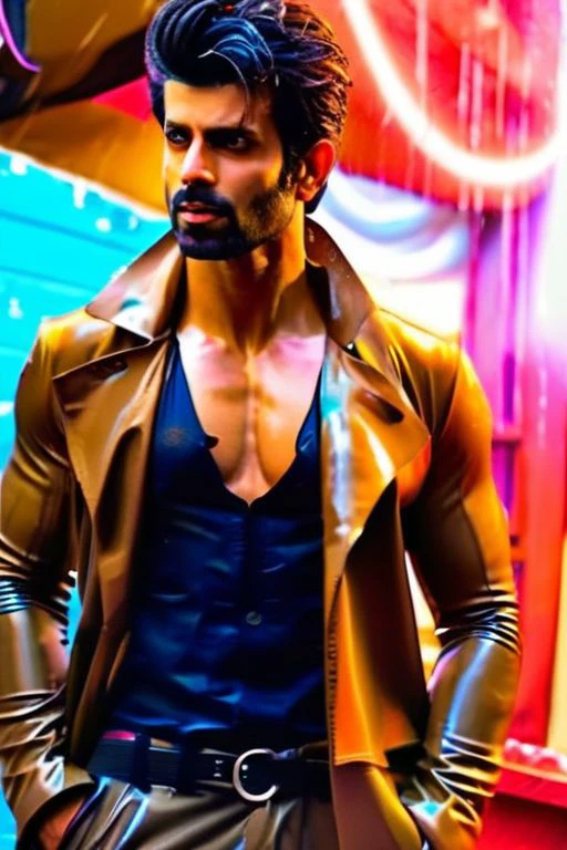 sendhil ramamurthy a man <lora:Namik-Paul_Sendhil-Ramamurthy:1> trench coat, rainy wet weather, soaking wet skin, raindrops, thunder storm, blade runner, dystopia, science fiction, biomechanical details, night scene of a cyberpunk city, bright neon lights, dark looming buildings, flirtatious, tight waist, realistic, masterpiece, intricate details, detailed background, depth of field,