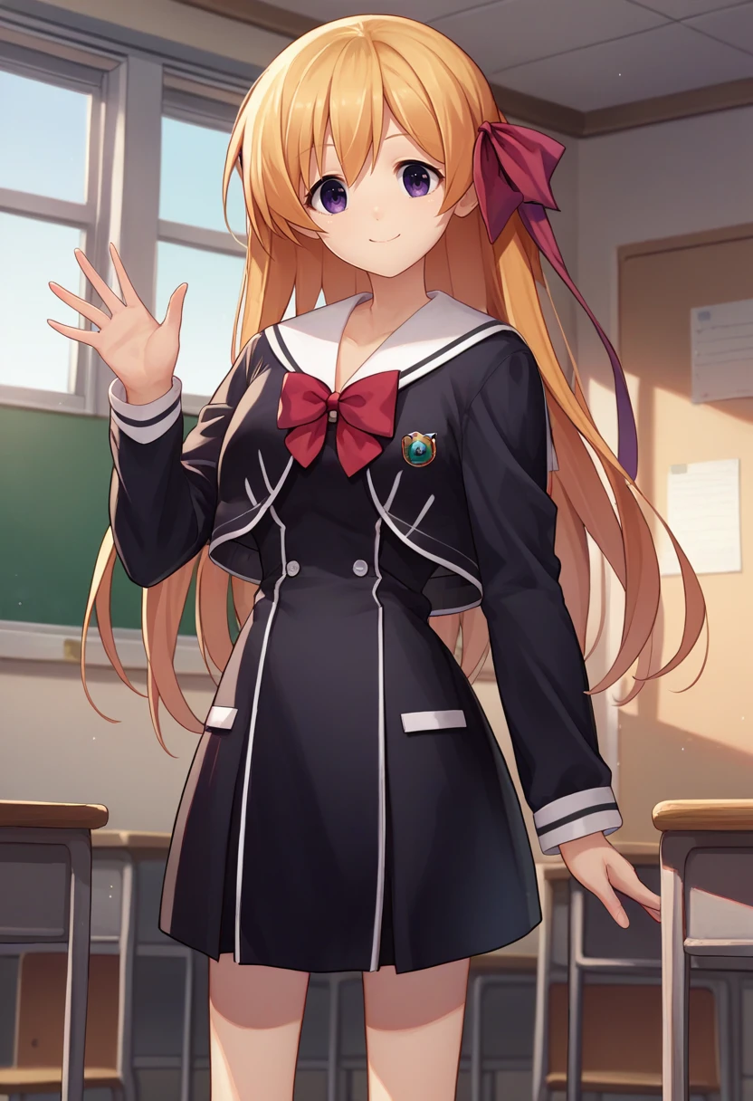score_9, score_8_up, score_7_up, source_anime, solo, 1girl, kurusu nono, smile, looking at viewer, waving, blonde hair, hair ribbon, red ribbon, school uniform, black dress, short dress, white sailor collar, red bow, long sleeves, indoors, classroom <lora:chaoschild_kurusu_ponyXL:1>