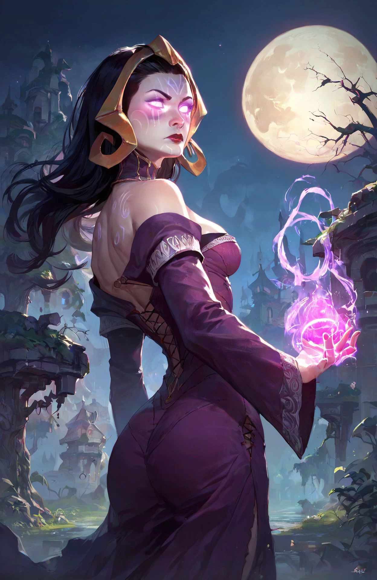 <lora:lilianavess_pny:0.8> lilianavess, 1girl, from behind, looking back, black hair, long hair, purple eyes, pale skin, lipstick, purple dress, bare shoulders, medium breasts, cleavage, long sleeves, glowing, facial mark, glowing eyes, magic, outdoors, full moon, night, dark, tree, score_9, score_8_up, score_7_up, score_6_up, score_5_up, score_4_up, ponypositive,