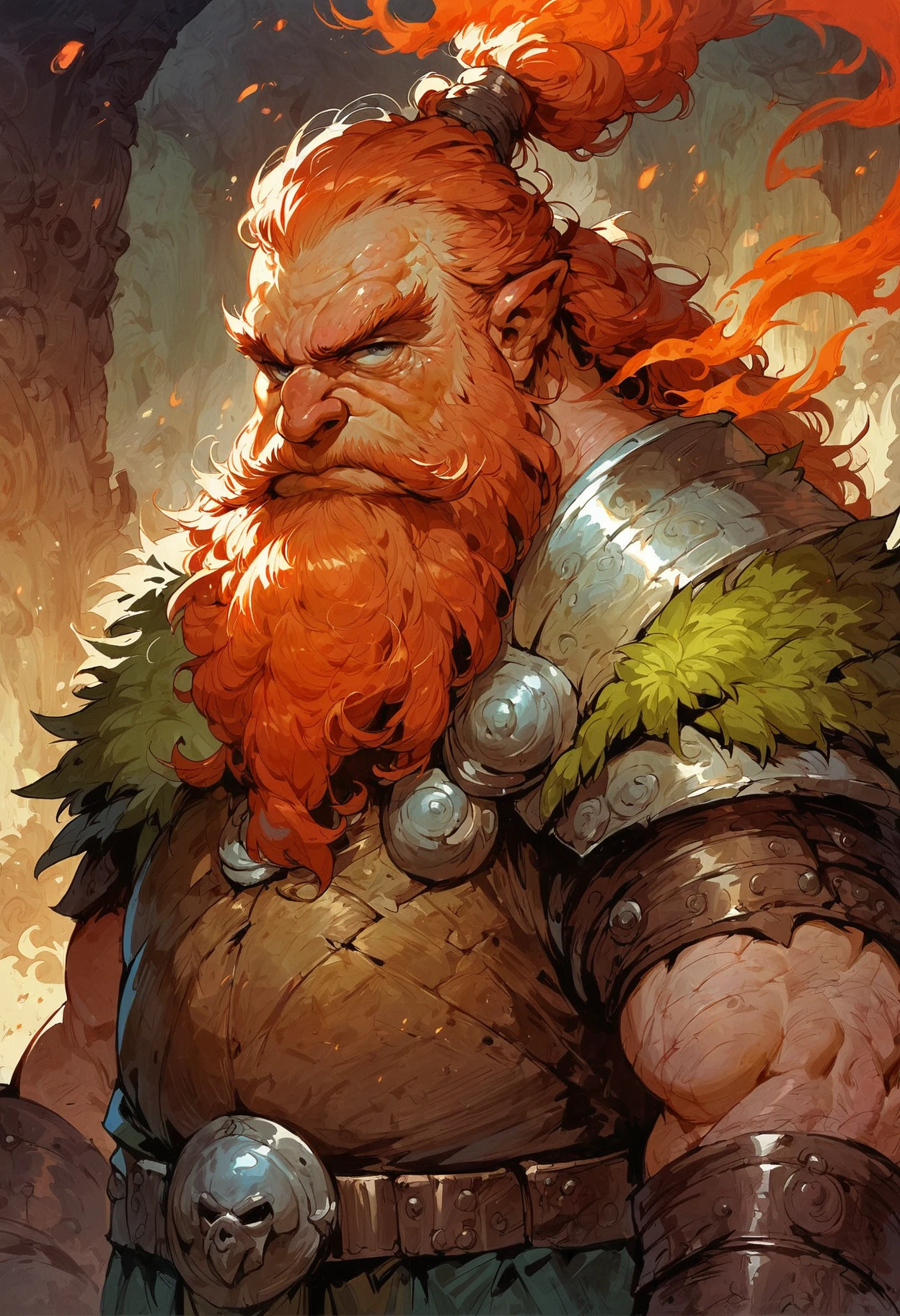 man, Viking, short stature, Age 60 years, strong, thick, big breasts, big belly, Red hair, big red beard, thick body hair, густые Red hair на груди, густые Red hair на животе, густые Red hair на лобке, густые Red hair на яйцах, thick hair on arms, thick hair on legs, tattoos on body, Tattoos on the torso, drunk face, naked torso, in a short skirt made of skin made of green fabric, the skirt is held up by a leather belt with a gold buckle, in the pub, night, warm lamp light, holding a wooden mug in his hand, drunk