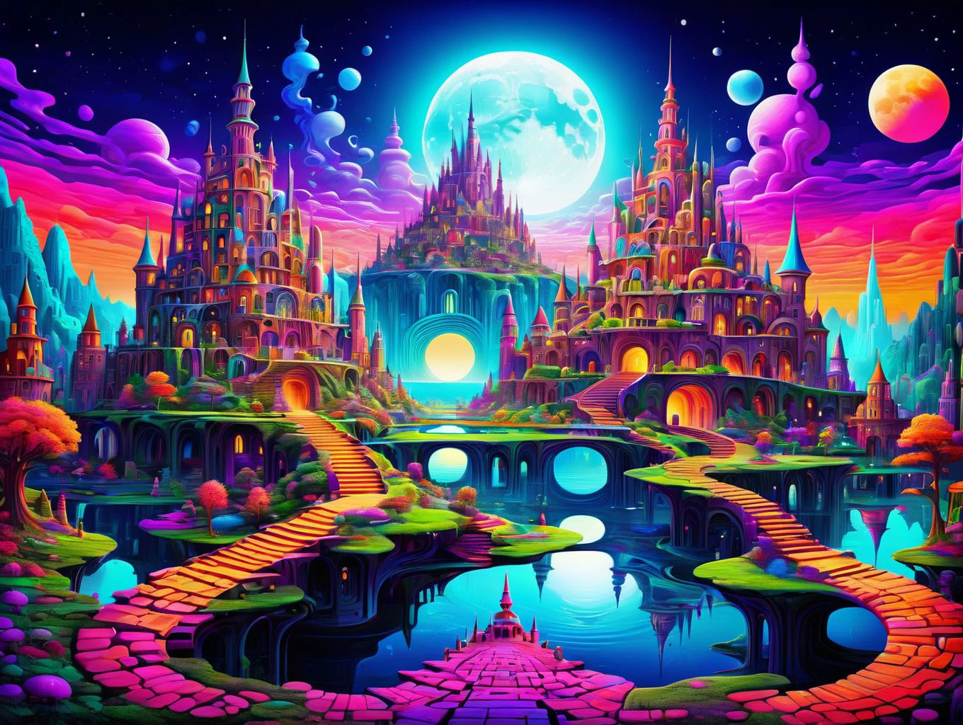 a psychedelic surreal fantastic city with a futuristic castles, lake, huge moon
PsyLand<lora:Psy_Land_XL:0.5>