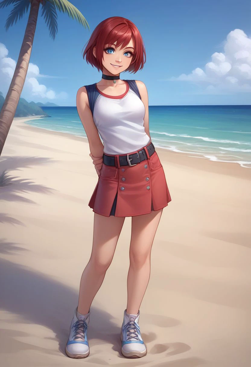 score_9, score_8_up, source_anime, highly detailed, 1girl, solo,
kairi, 1girl, solo, blue eyes, red hair, short hair, skirt, smile, choker, belt,
full body, jewelry, arms behind back, human ,
outdoor, beach, palm,