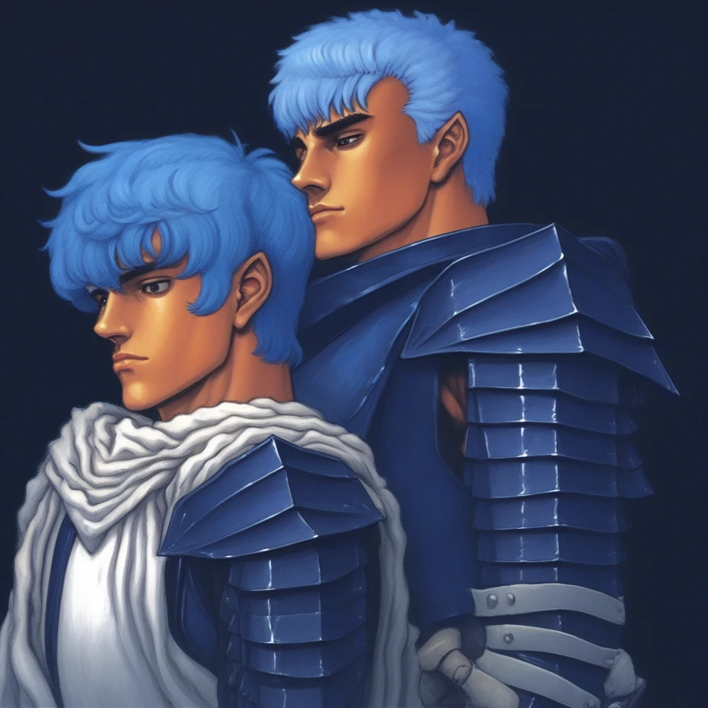 2boys, bangs, solo, white background, blue hair, dark, hat, armor, long sleeves, muscular