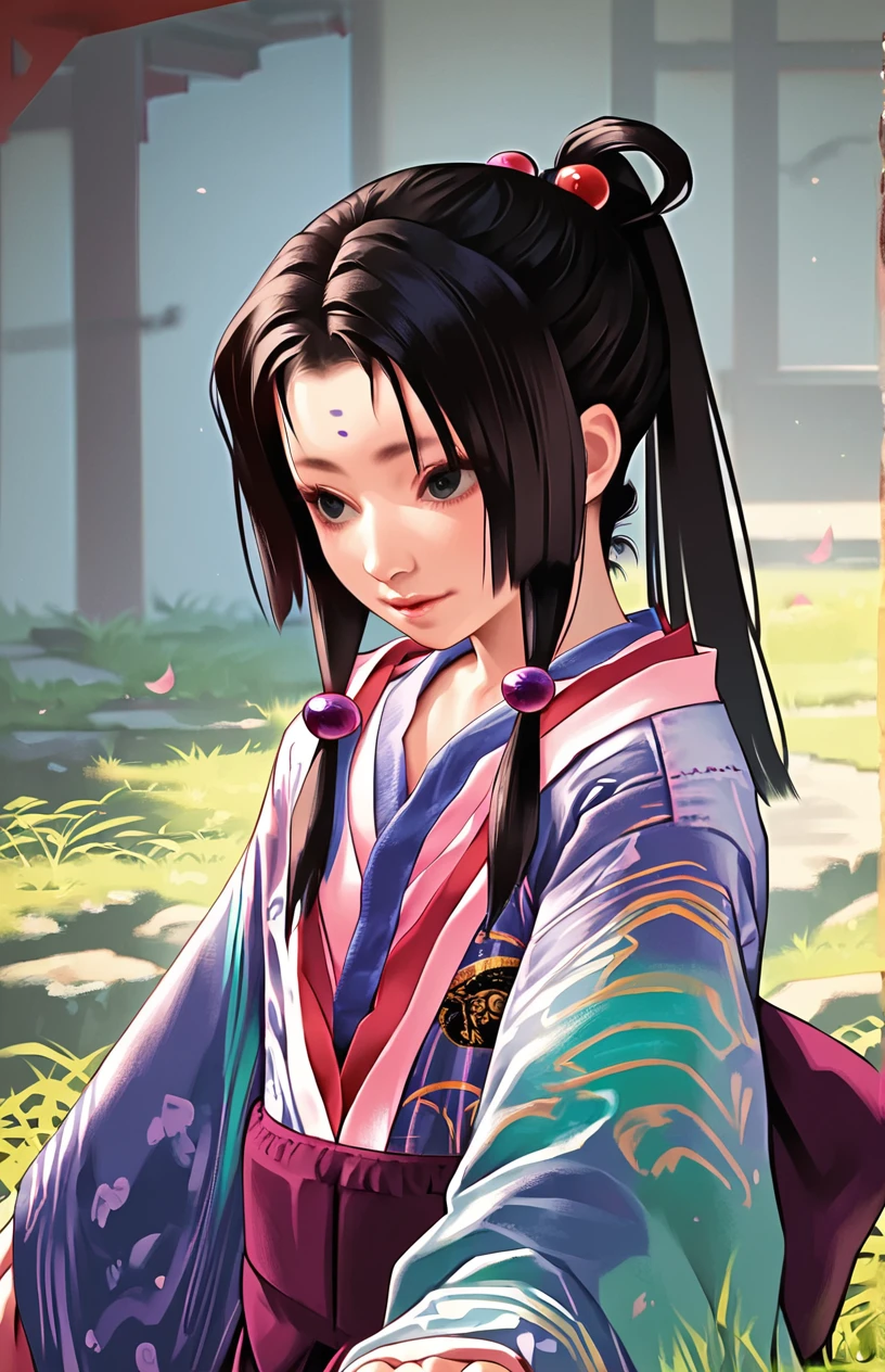 è²å, sadamitsu, 1girl, petite, skinny, black hair, hair bobbles, hair tubes, parted bangs, sidelocks, hair rings, ponytail, forehead mark, layered black long kimono, hakama, slums, score_9, score_8_up, score_7_up, score_6_up, source_furry, source_anime, medium forcus, <lora:Sadamitsu-XLPony_011:1>