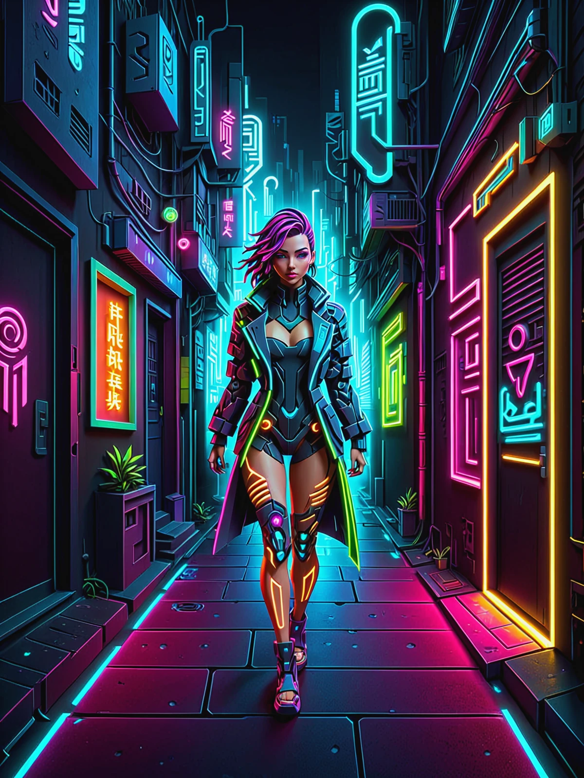 woman walking towards viewer, cyberpunk alley, glowing papercut, mad-cybrpprct1, neon lights <lora:Neon_Cyberpunk_Papercut_2_SDXL:0.8>, (masterpiece:1.2), best quality, (hyperdetailed, highest detailed:1.2), high resolution textures