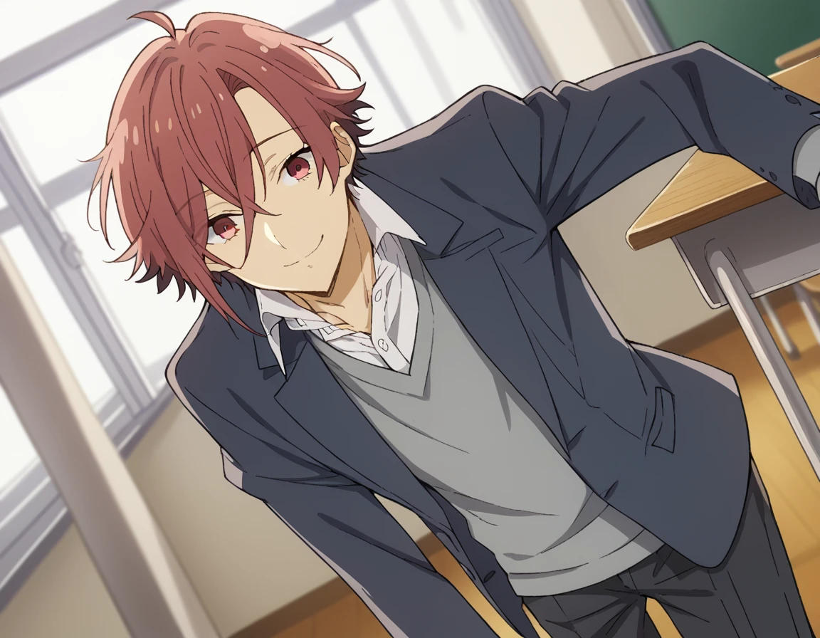 score_9, score_8_up, score_7_up, source_anime,
akaneyanagi, <lora:akane-yanagi-s2-ponyxl-lora-nochekaiser:1>,
akane yanagi, red eyes, hair between eyes, ahoge, male focus, red hair,
shirt, long sleeves, school uniform, jacket, white shirt, open clothes, collared shirt, pants, sweater, open jacket, black jacket, blazer,
indoors, classroom, bent over, smile,
cowboy shot, looking at viewer, solo, dutch angle,