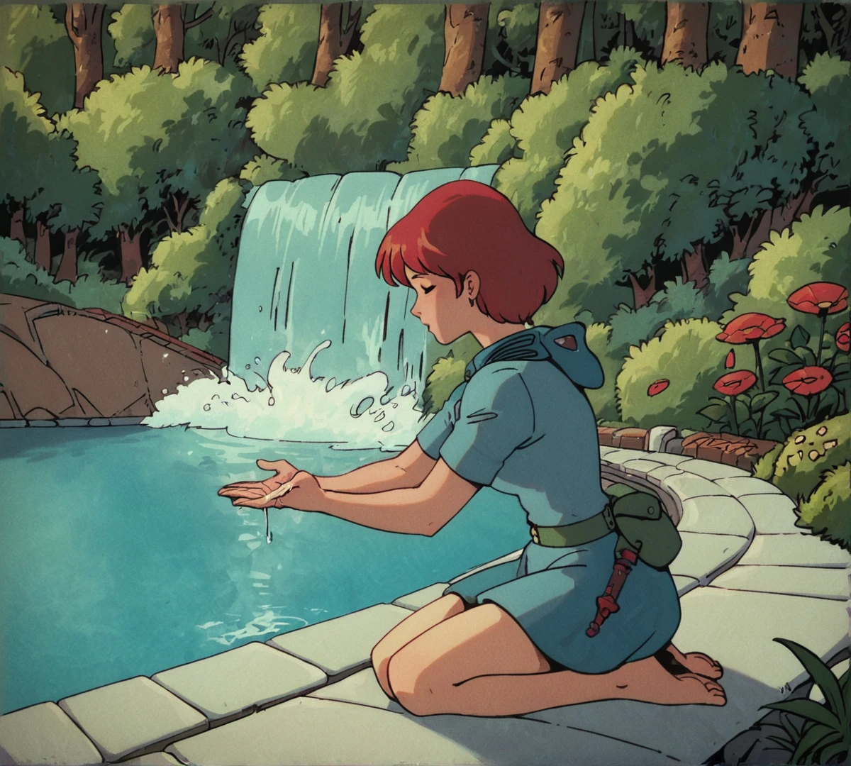 Nausicaa, red hair, zPDXL, best quality, amazing quality, score 9, 1girl, outdoors, waterfall, pool, kneeling, cupping hands, <lora:Nausicaa_r2:0.8>