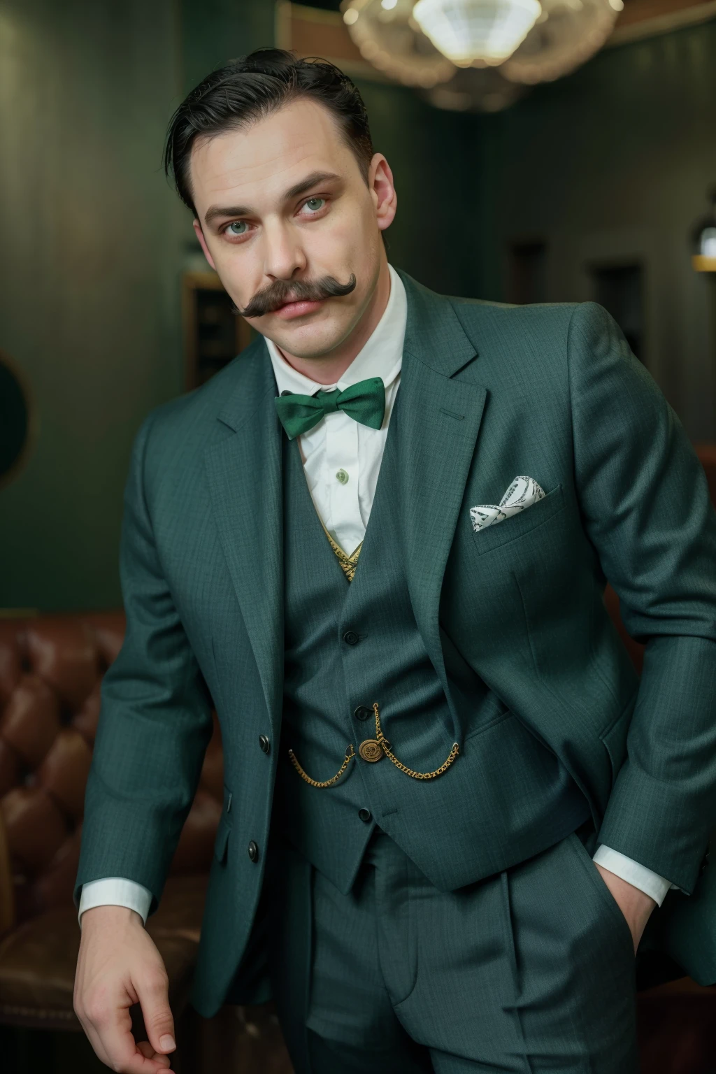 1920s Fashion, professional photo of crazy thin funny laughing burly man with moustache, green suit and monocle, close-up, portrait, 4k, 8k, high quality, perfect lighting, detailed face and detailed eyes, skin detail, solo focus, photography raw, (club), studio lighting, full body, looking at camera <lora:1920s-000002:0.7>, detailed eyes, pretty face, full body