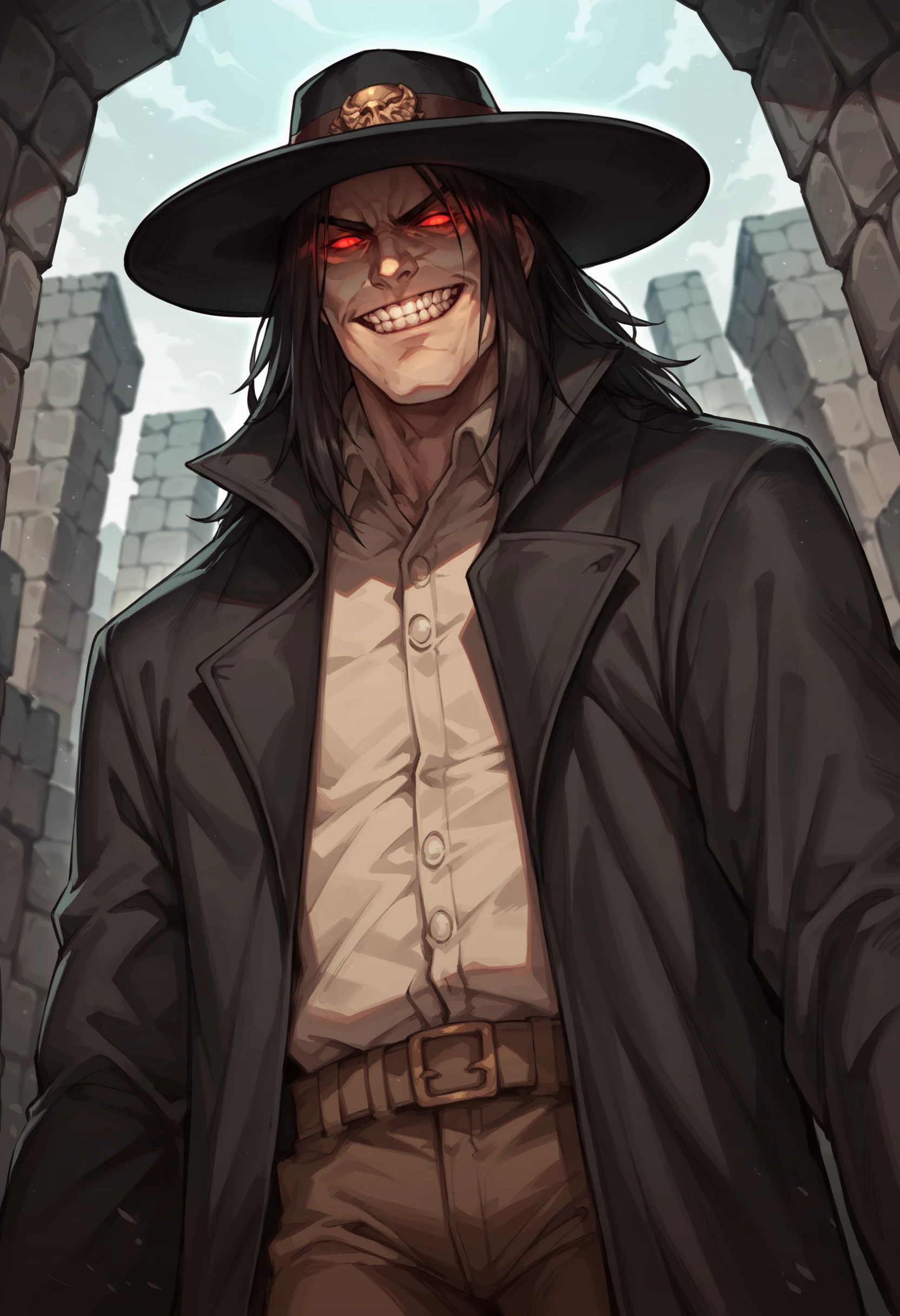 score_9, score_8_up, score_8, source_anime, 1boy, <lora:Caleb:0.8> black hat, solo, red eyes, glowing eyes, black coat, long hair, view from below, smirk, teeth,
catacomb background, stone wall, blurry background,