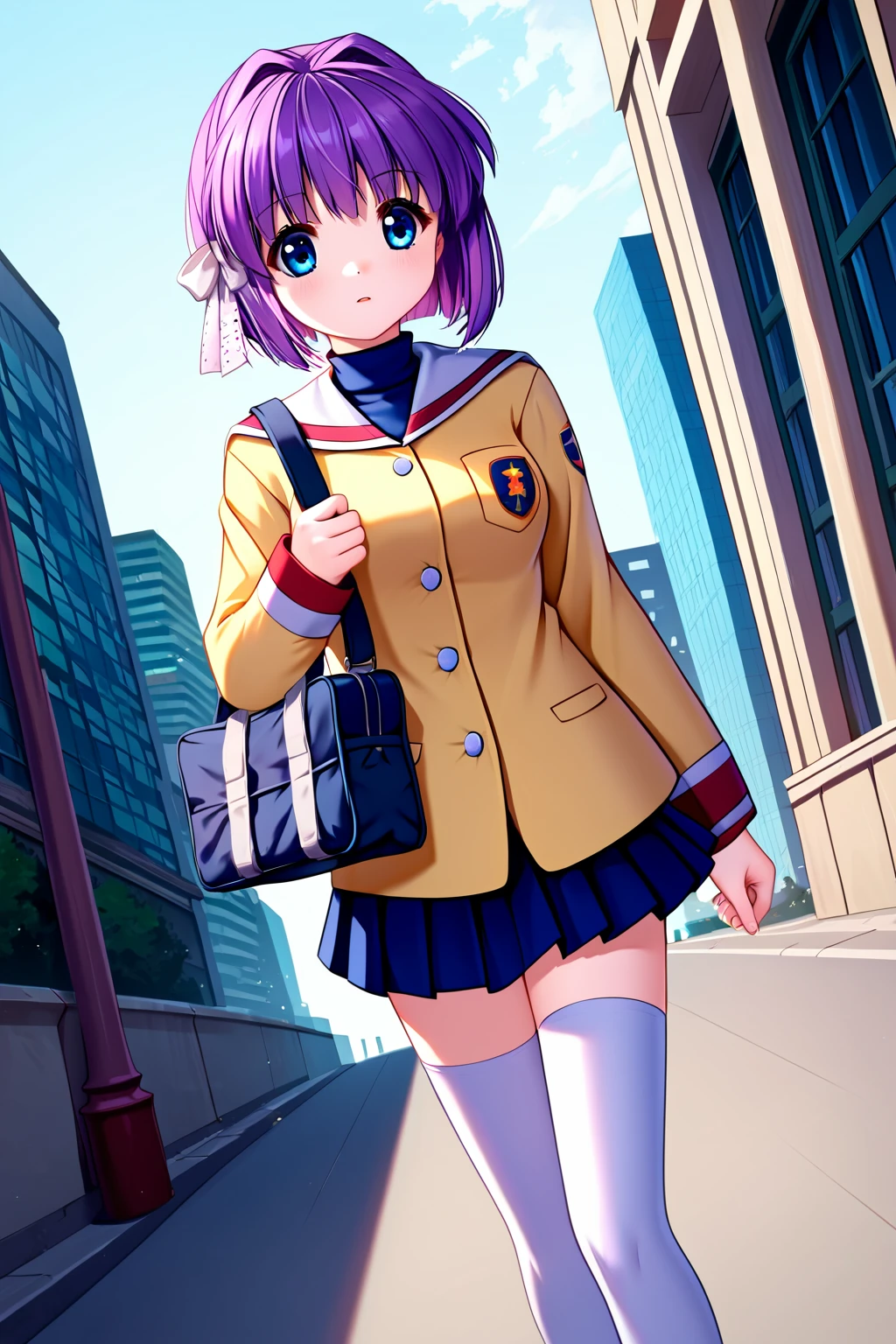 zPDXL2, rating_safe, source_anime, 1girl, 4k quality, detailed background, detailed eyes, (dutch angle), city streets, walking, looking around, parted lips, round mouth, v arms, school bag, <lora:fujibayashi-ryou-xl-02:1>, fujibayashi ryou, medium breasts, purple hair, blue_eyes, white_hair_ribbon, yellow uniform with blue turtleneck, clannad uniform, blue skirt, white stockings,