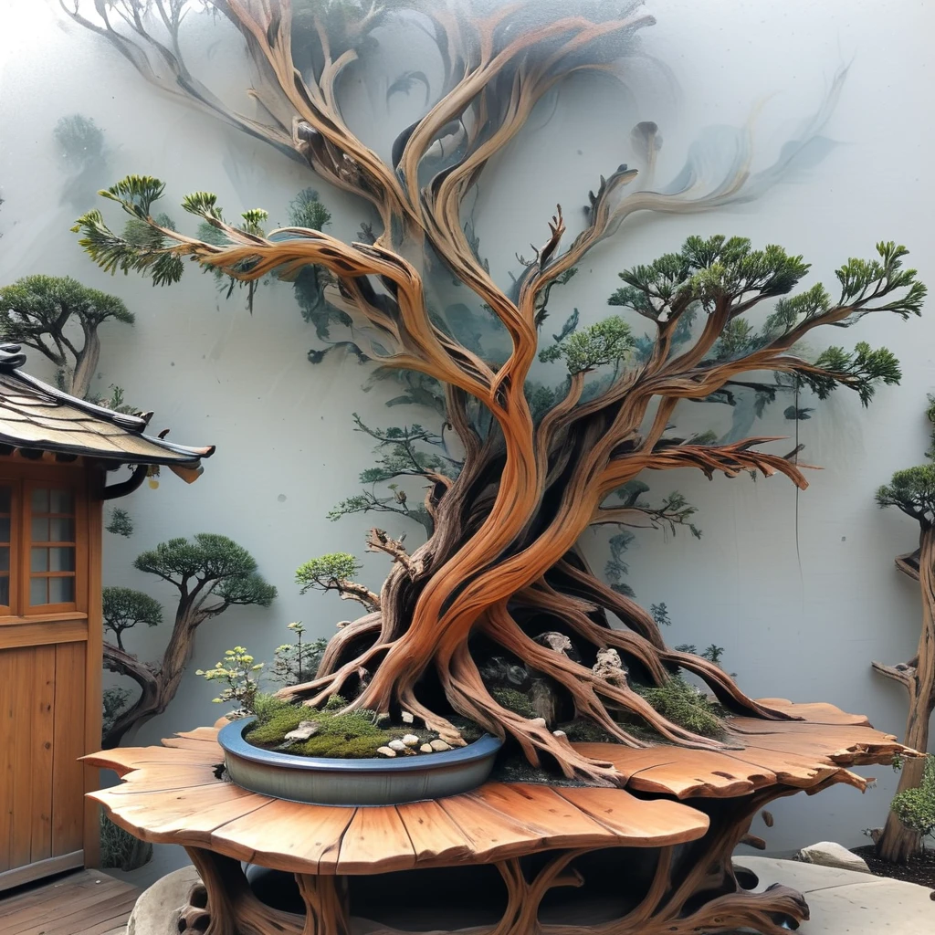 <lora:artfullyTREELUSION_SDXL_V1:1>, arttrlsn, , bonsai of an old juniper tree,  beautiful cedar stand outside on the patio for the 100 year old plant, passed down from generation to generation. there is a koi jumping out of the water next to the branches that hold the mushroom tree house up
 <lora:artfullyECHELIER_SDXL_V1:1> artchlr <lora:artfullyinsect_-_v1:1>