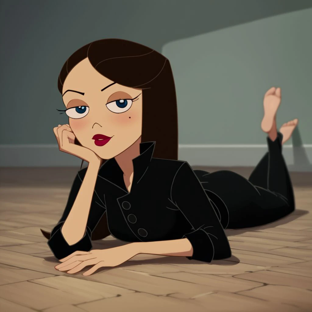 score_9, score_8_up, score_7_up, score_6_up, score_5_up, score_4_up, rating_questionable, 1girl, VanessaDoof, black outfit, cartoon, laying on the floor, seductive pose,