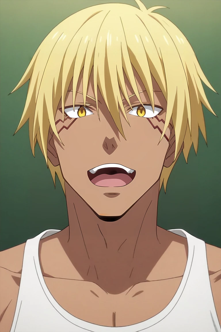 score_9, score_8_up, score_7_up, source_anime, rating_safe, intricate details, anime screencap, anime coloring, , , , 1boy, solo, male focus, <lora:veldora_tempest_pony:0.8>, veldora_tempest, blonde hair, yellow eyes, hair between eyes, bangs, facial mark, dark skin, dark-skinned male, straight-on, full body, gym, noon, v, peace sign, open mouth, , <lora:sdxl_lightning_8step_lora:1>