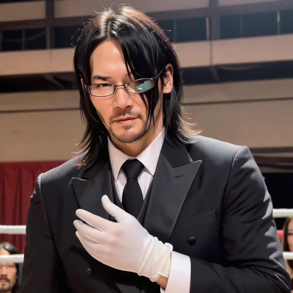 Keanu Reeves,Create a realistic image of a male butler wearing formal attire and gloves, with long hair covering one eye, and glasses. The butler should be reaching out towards the camera with an inviting gesture, palm facing up,<lora:yareayare:0.85> ,muscular, strong,Located in the wrestling ring