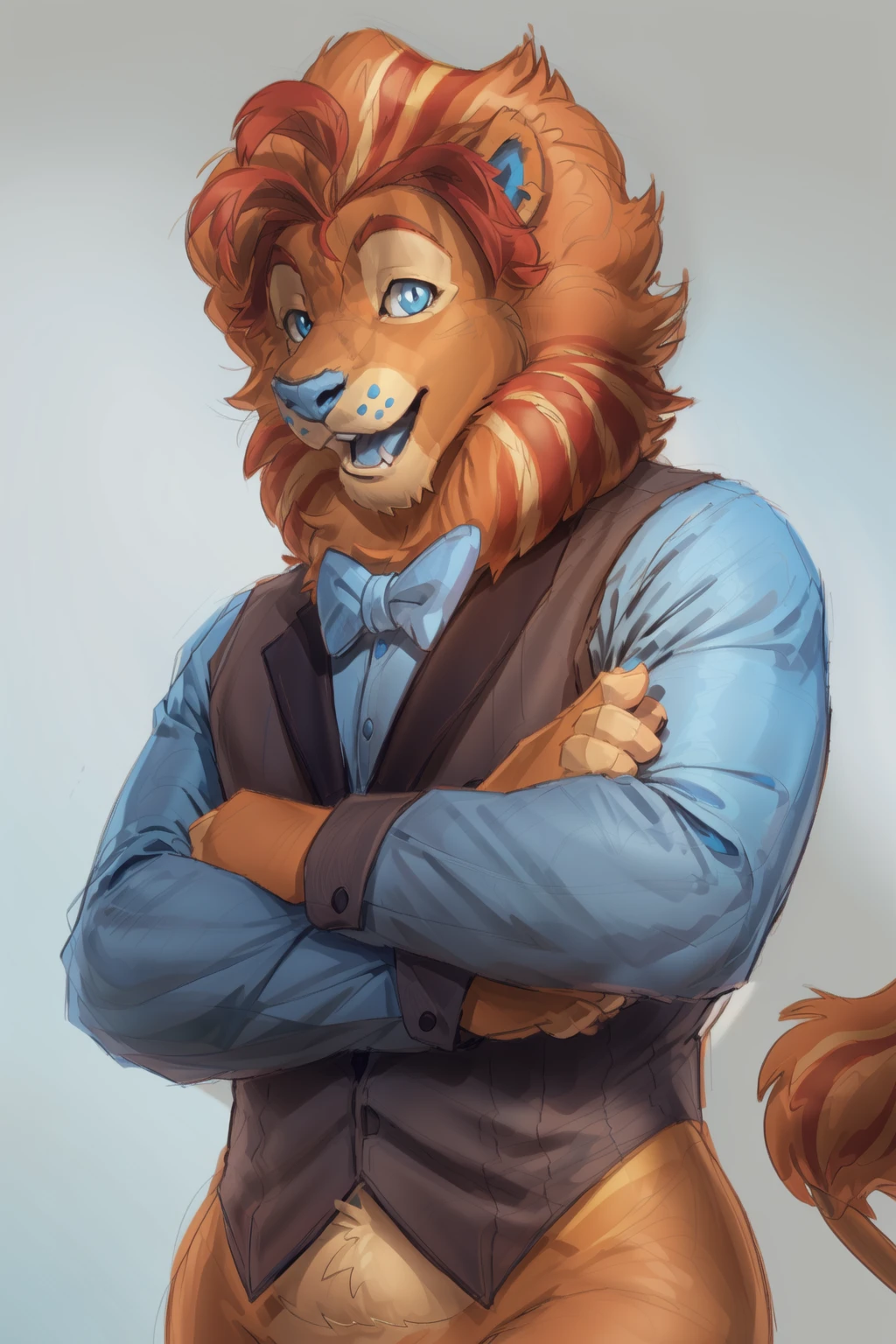 <lora:lloyd-09:1.2>, lloydip, blue eyes, blue nose, mane, tail, solo, (pinup), (pose), (soft shading), 4k, hi res, ((detailed face, detailed eyes)), by zackarry911, by zaush, (by personalami:0.5), smile, open mouth, simple background, crossed arms, looking at viewer, shirt, vest, bow tie, white background