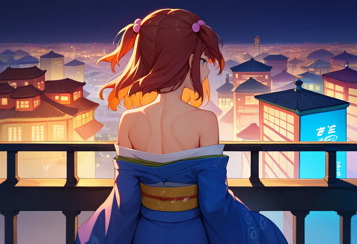 score_9, score_8_up, score_7_up,1girl, Ange, brown hair, two side up, blue eyes, kimono, off shoulder, from behind, shoulder blades, night, cityscape, <lora:Ange 4-000008:1>