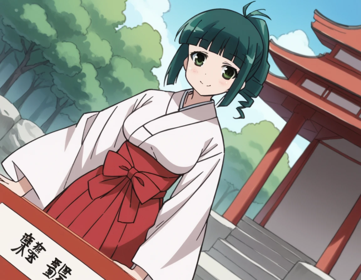 score_9, score_8_up, score_7_up, source_anime,
harutakimi, <lora:haru-takimi-s2-ponyxl-lora-nochekaiser:1>,
haru takimi, bangs, green eyes, ponytail, green hair, blunt bangs,
skirt, japanese clothes, hakama, hakama skirt, miko, red hakama,
outdoors, shrine, bent over, smile,
cowboy shot, looking at viewer, solo, dutch angle,
