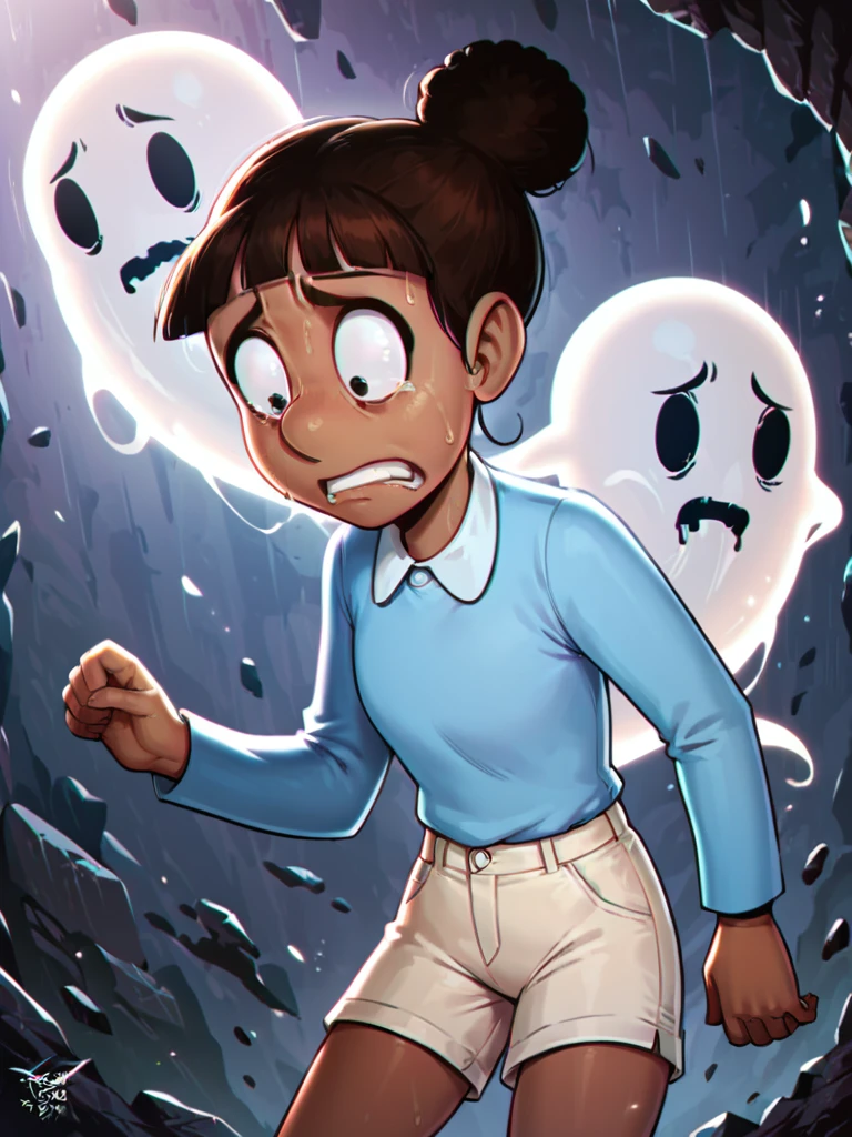 score_9, score_8_up, score_7_up, score_6_up, score_5_up, score_4_up, 1girl, source_anime, marsha_bunnicula, hair bun, blue collared shirt, long sleeves, tan shorts, standing, scared, dark room, ghost, detailed face, detailed eyes, detailed background, <lora:marsha-v1:1>