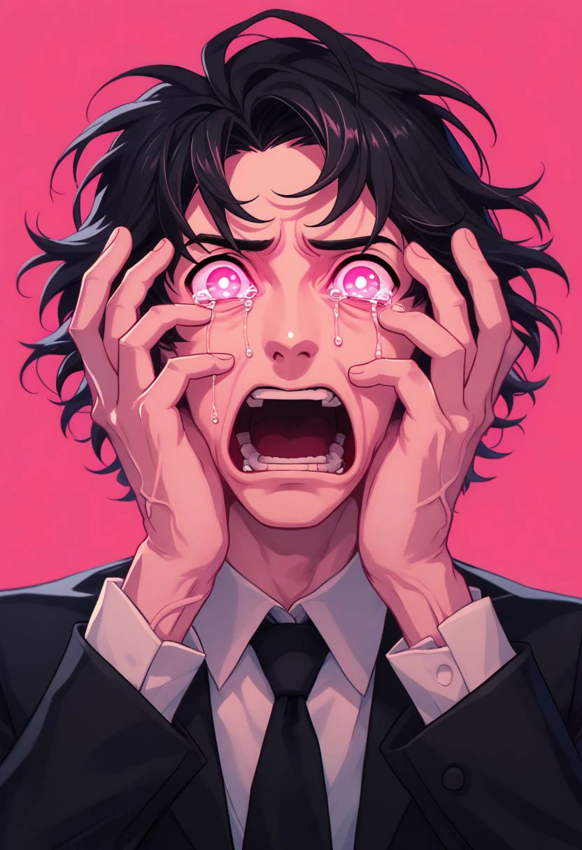 did vaporwave style, 1boy, male focus, solo, open mouth, hands on own face, tears, black hair, glowing, necktie, veins, pink background, simple background, looking at viewer, pink eyes,  zPDXL2