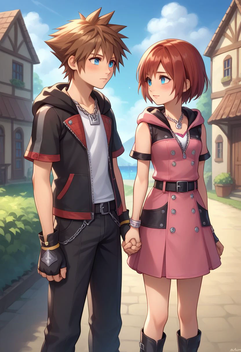 score_9, score_8_up, source_anime, highly detailed, 1girl, 1boy, upper body, 
kairi, 1girl, blue eyes, zipper, jewelry, boots, dress, necklace, short hair, red hair, pink dress, zipper pull tab, pleated dress, short dress, 
sora, fingerless gloves, 1boy, male focus, spiked hair, blue eyes, gloves, necklace, brown hair, hood, short sleeves, 
outdoor, village, holding hands, date, blush,