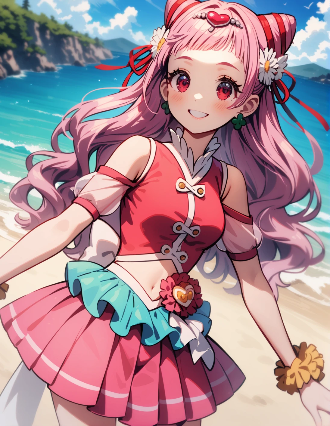 1girl, solo, <lora:sdxl-lyco-cure-yell-animagine_xl_3_1-v1:1>, cureyell,pink hair,sleeveless, shoulder_cutout , see-through ,red_shirt, red_heart_hair_ornament ,earrings,hair_flower,hair_ornament,pink_skirt,miniskirt, ,relaxed posture, elbows extended, standing , ,smile, best quality, very aesthetic, ultra-detailed, intricate details, 4k,, newest, BREAK on a beach