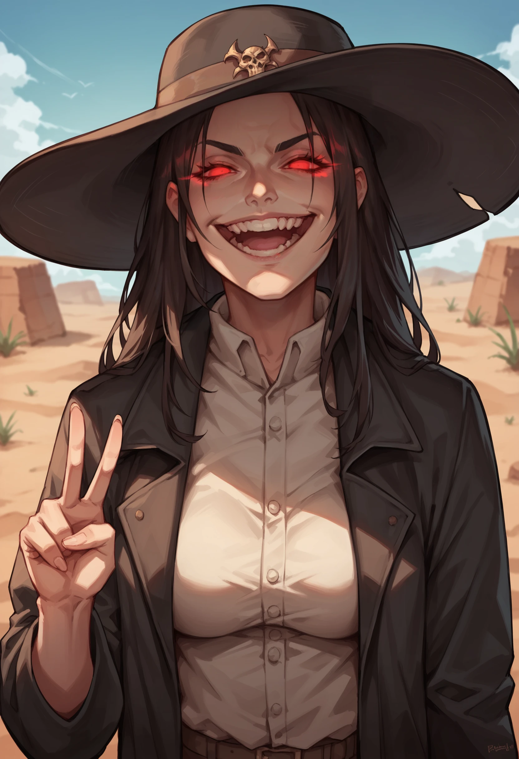 score_9, score_8_up, score_8, source_anime, 1girl, <lora:Caleb:0.7> breasts, black hat, wide brimmed hat, solo, red eyes, glowing eyes, black coat, long hair, evil smile, laughing, upper body, view from above, v sign,
wild west desert background, blurry background,