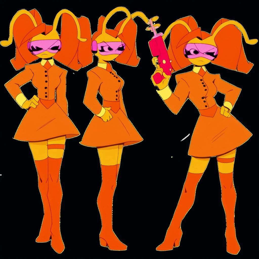 zPDXL, score_9, score_8_up, score_7_up, Ula is holding her own energy gun, (rating_safe), source_cartoon, flat colors, BREAK<lora:Ula (Joel G) (Character):1>, ula (joel g), 1girl, alien girl, alien humanoid, female, solo, circlehead, orange skin, eyelashes, orange antennae, orange twintails, closed mouth, futuristic glasses, orange shirt, breasts, buttons, necktie, long sleeves, orange skirt, orange thigh strap, orange thigh high boots, clothed, full body, standing, hand on hip, holding her own energy gun
